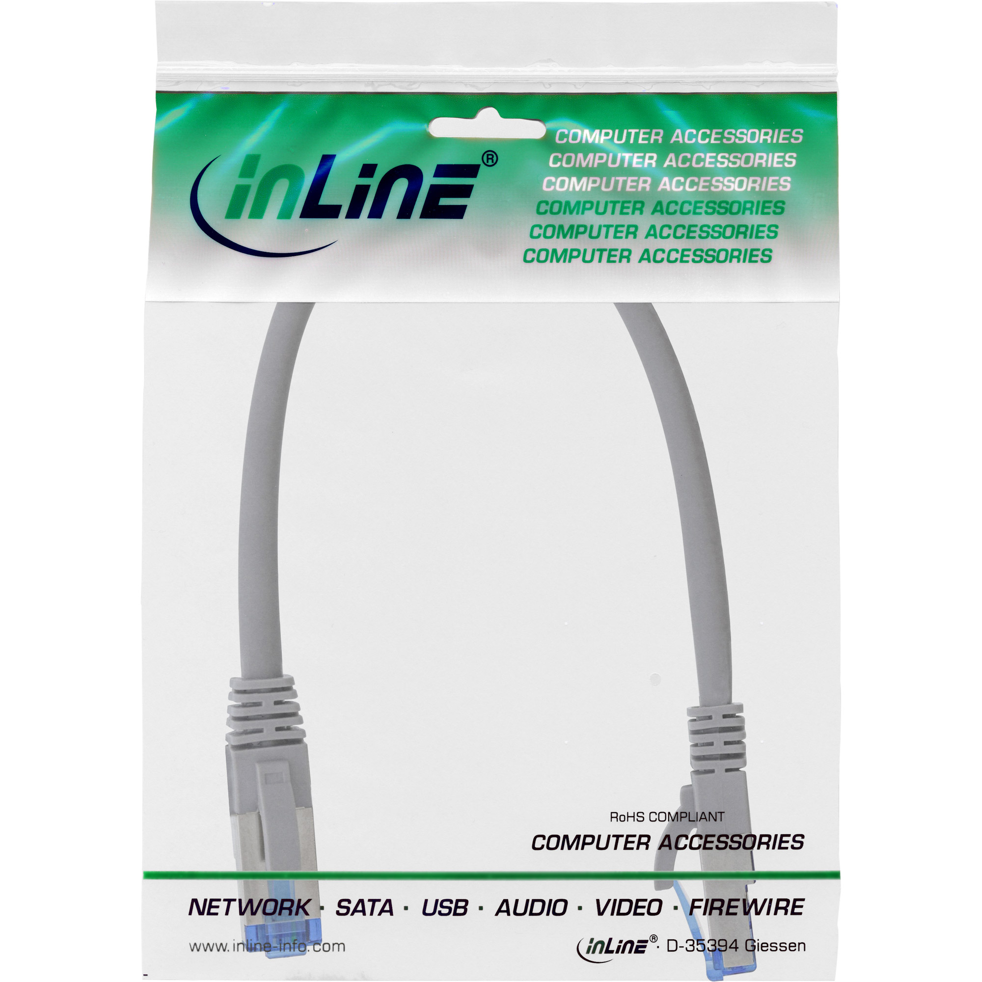 Inline® Patchkabel, S/FTP (PiMf), Cat.6A, halogenfrei, grau, 0,25m