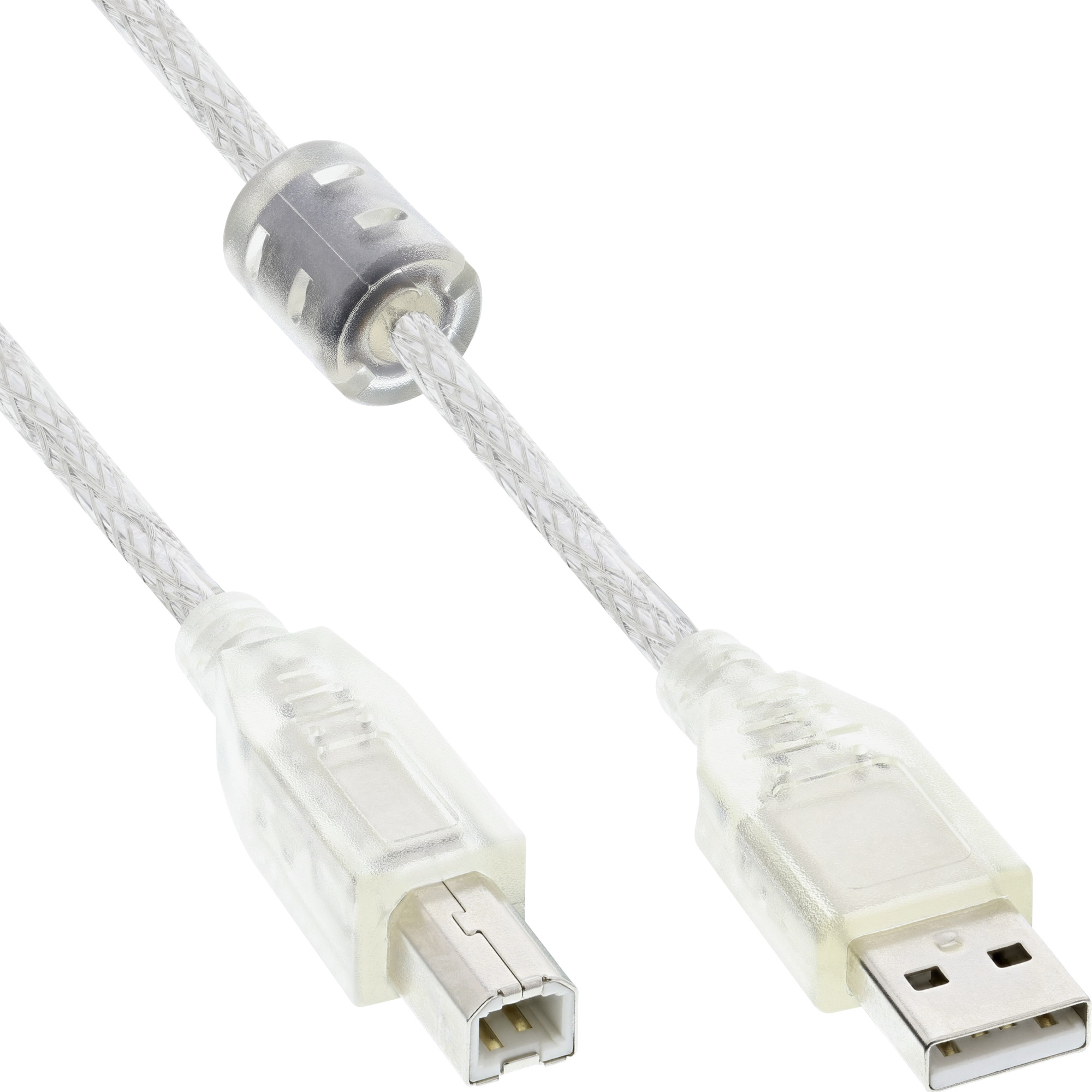 Inline® USB 2.0 Kabel, A an B, transparent, mit Ferritkern, 5m