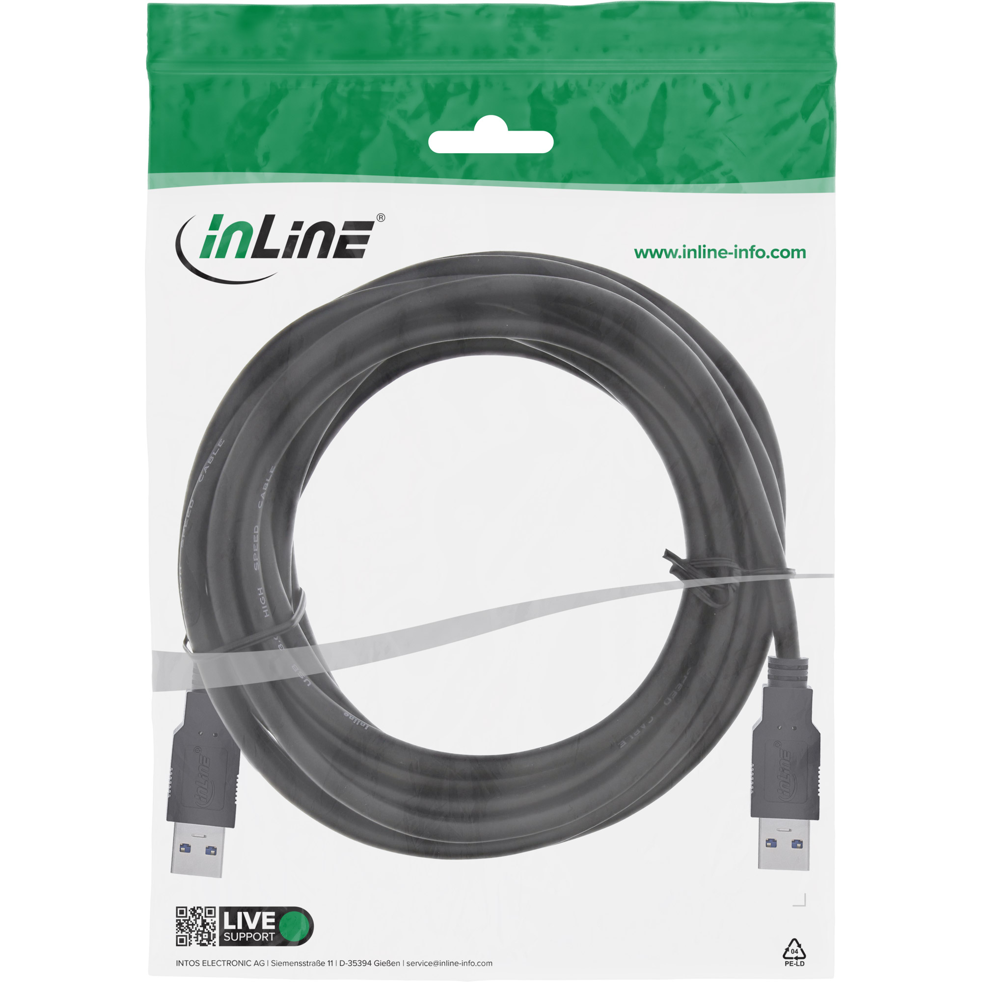 Inline® USB 3.2 Gen.1 Kabel, A an A, schwarz, 5m