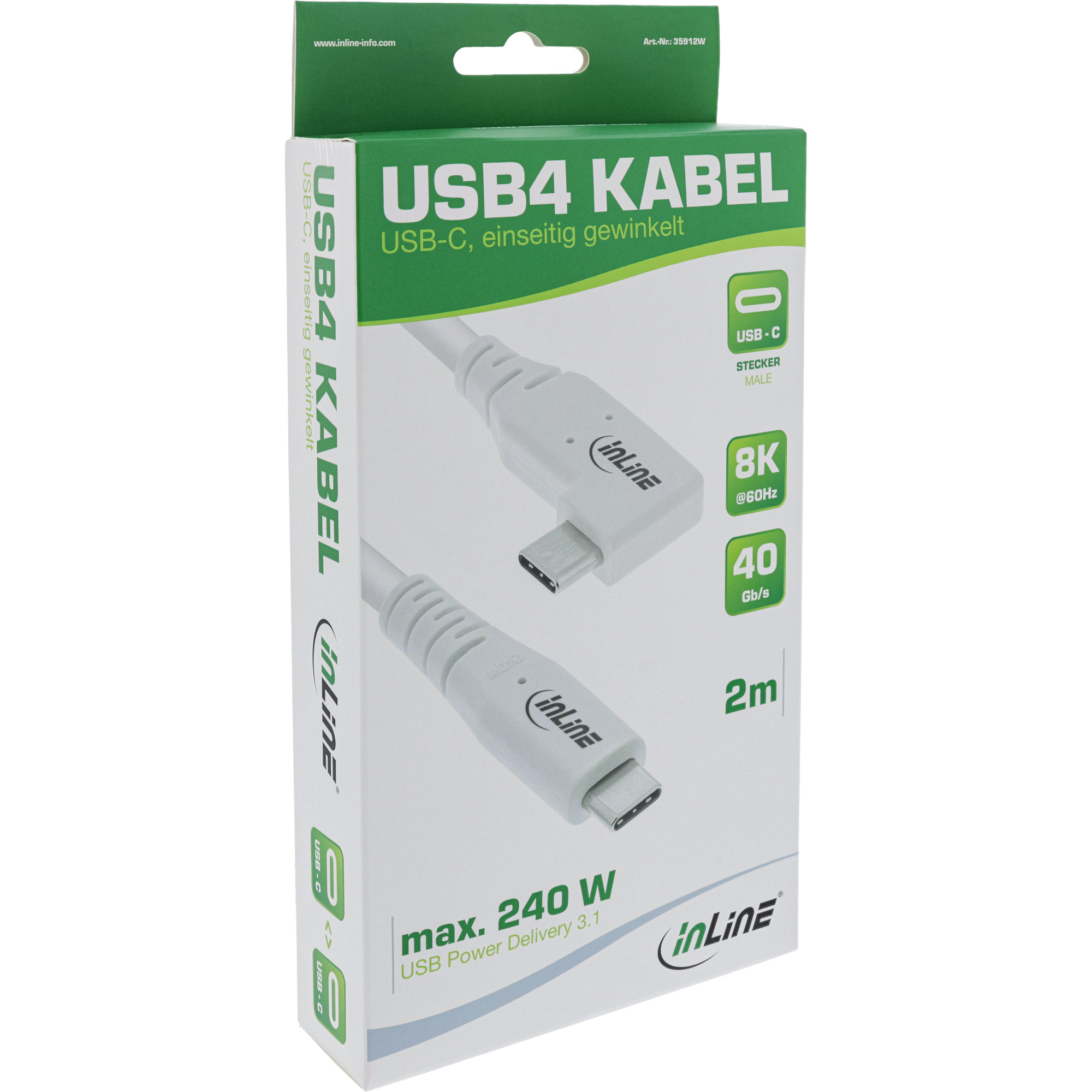 Inline® USB4 Kabel, USB-C, einseitig gewinkelt, PD 240W, 8K60Hz, TPE, weiß, 2m