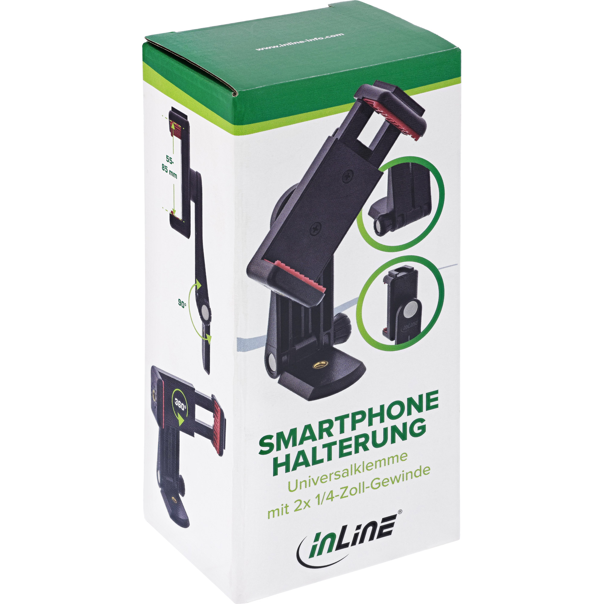 InLine® Smartphone Halterung, 5585mm, 1/4" Gewinde & Kaltschuh, schwarz
