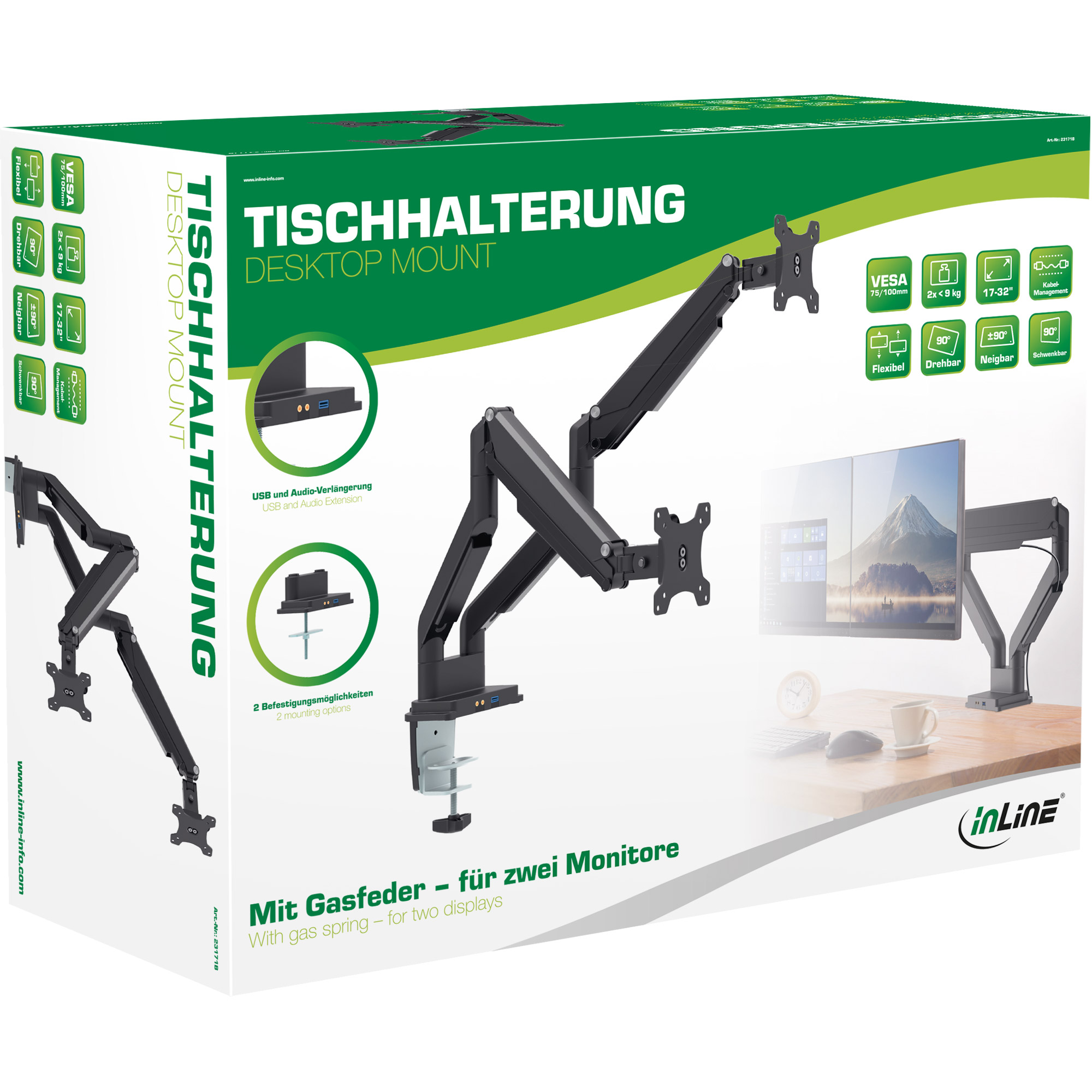 Inline® Tischhalterung mit Lifter & USB/Audio, 2 Monitore bis 81cm (32"),schwarz