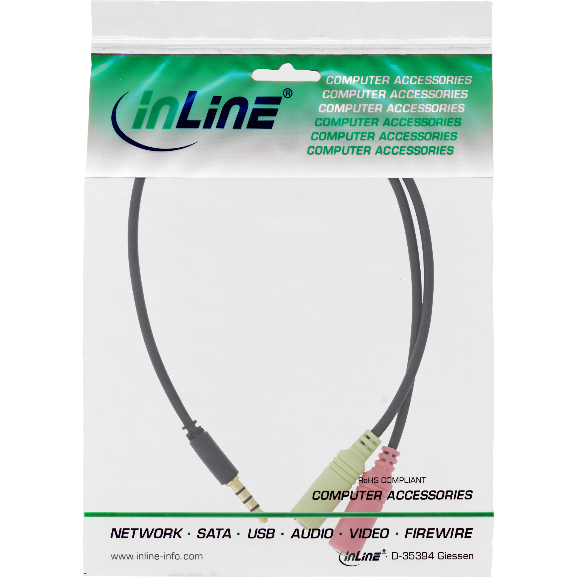 0.15m - Inline® Headset Adapterkabel, 3,5mm Stecker an 2x3,5mm Buchse, schwarz