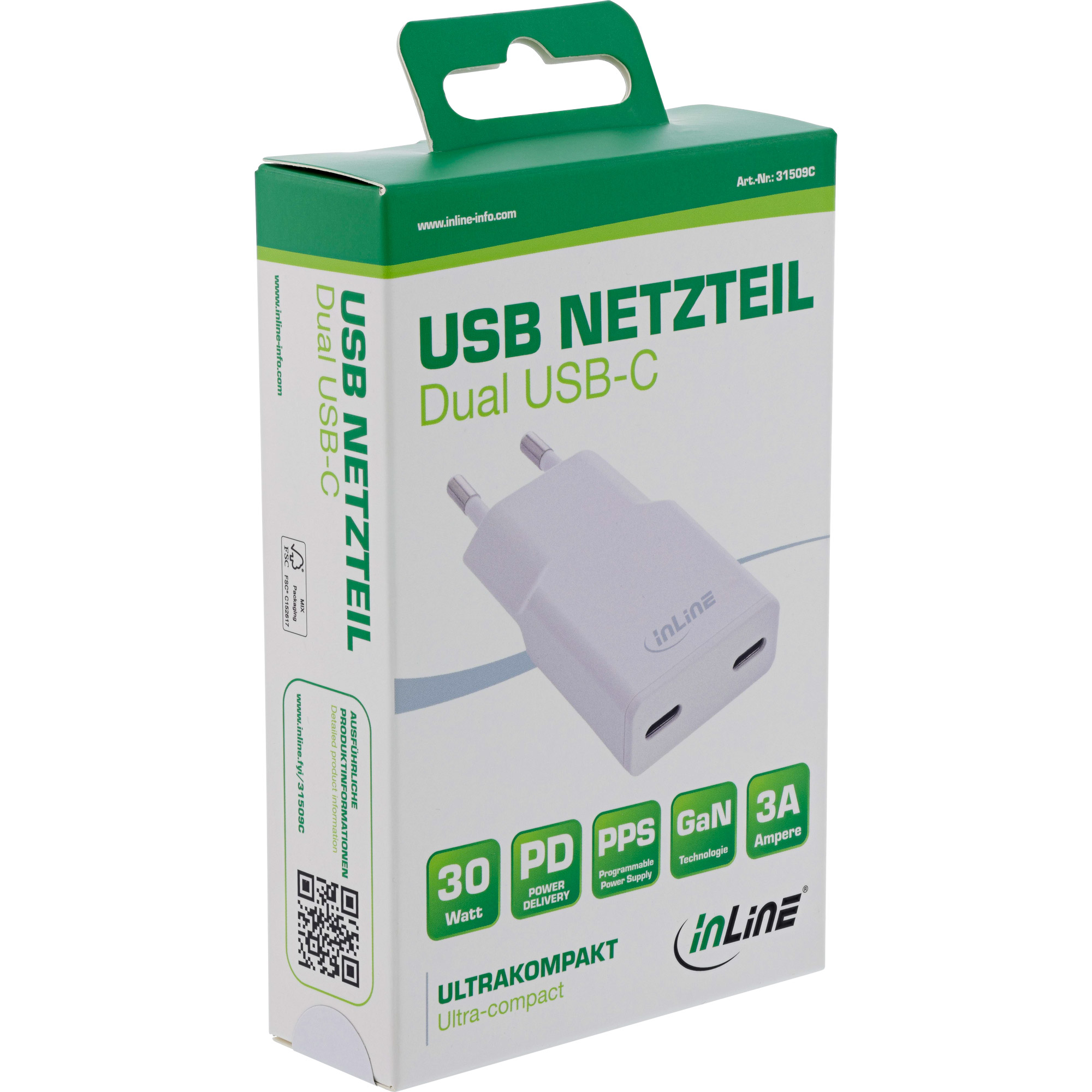 InLine® USB Netzteil Ladegerät Dual USB-C, PD, PPS, 30W, weiß