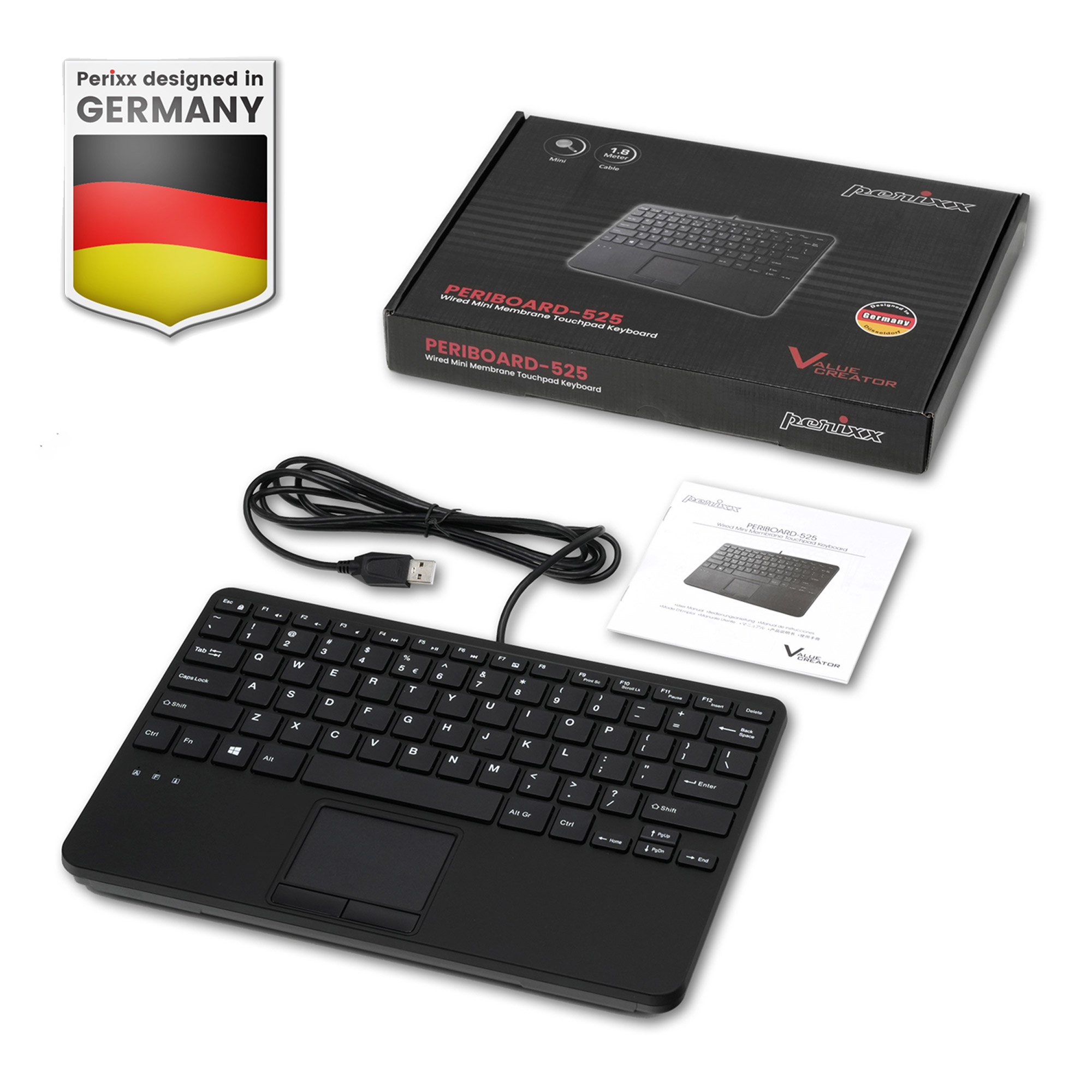 Perixx PERIBOARD-525 DE B, Mini-USB-Tastatur mit Touchpad, schwarz