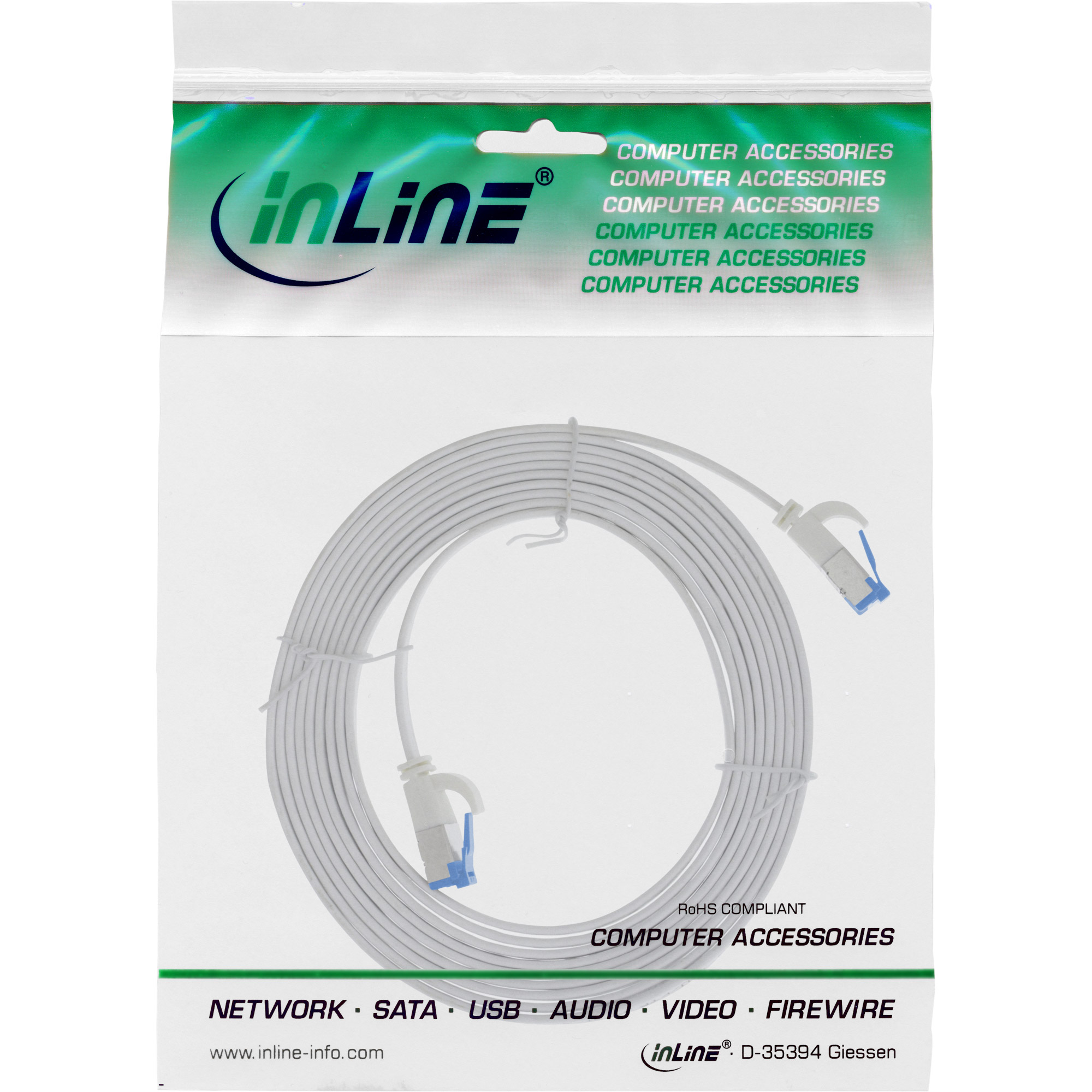 Inline® Patchkabel flach, U/FTP, Cat.6A, TPE halogenfrei, weiß, 2m