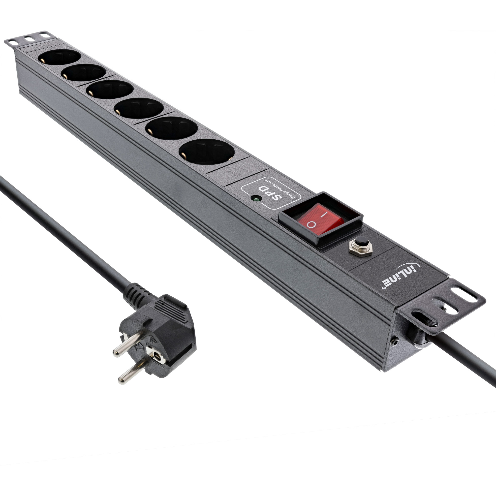 Inline® 19" Steckdosenleiste, 6-fach, ÜSS, Überlastschutz, Schalter