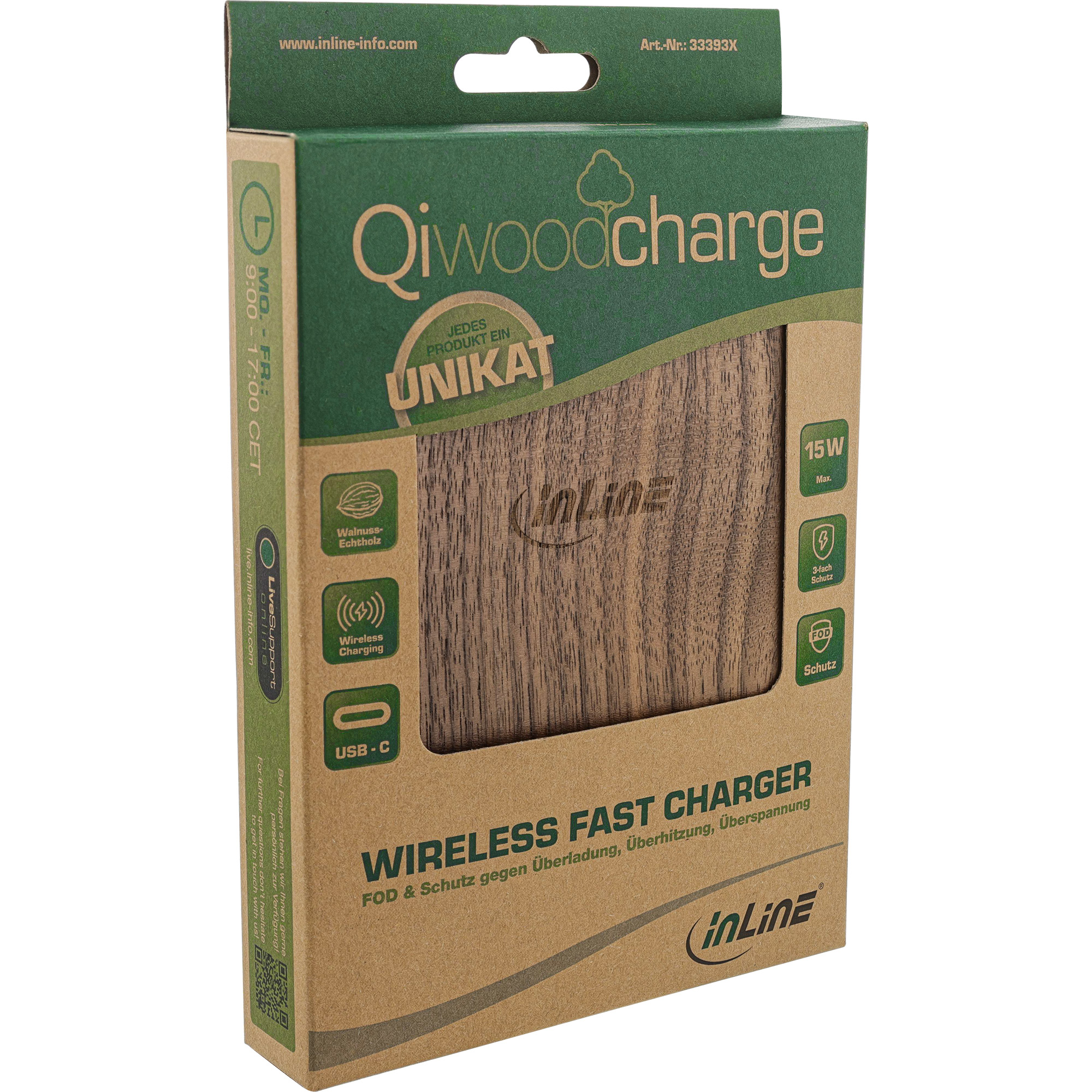 Inline® Qi woodcharge, wireless fast charger, 5/7,5/10W/15W, USB-C