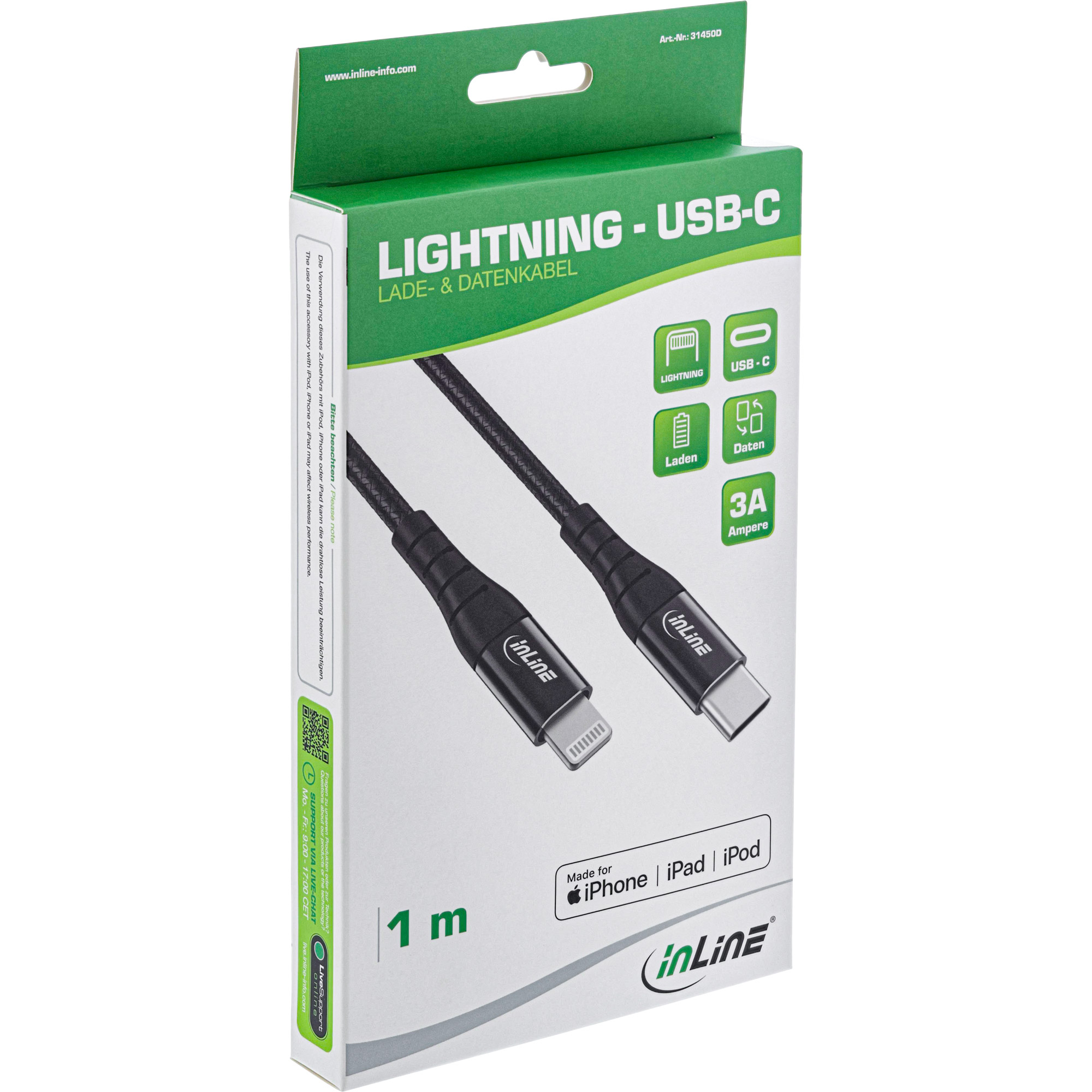 Inline® USB-C Lightning Kabel, für iPad, iPhone, iPod, schwarz/Alu, 2m MFi-zerti