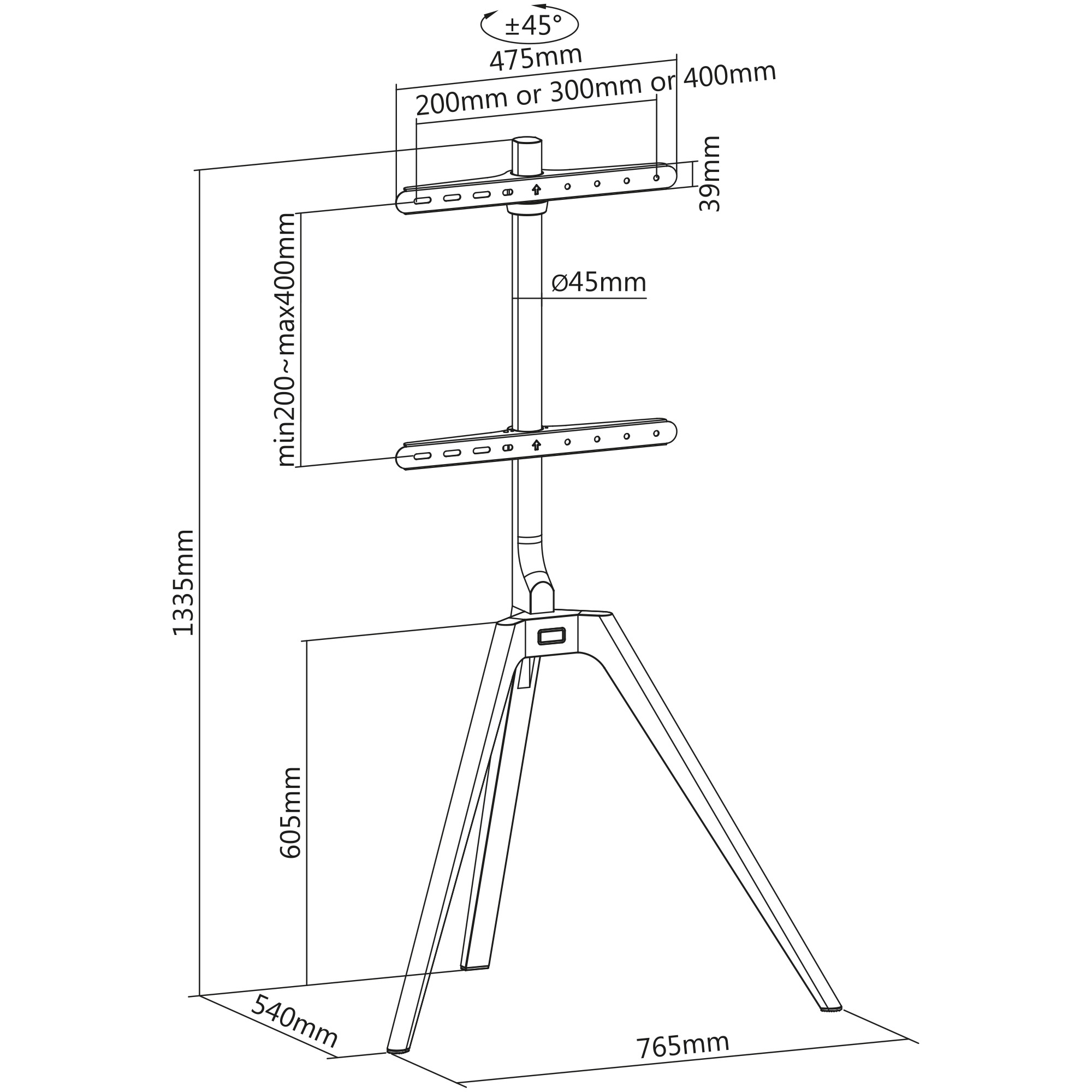 Inline® woodstand TV-Standfuß, Dreibein, für LED-TV 45"-65" (114-165cm)