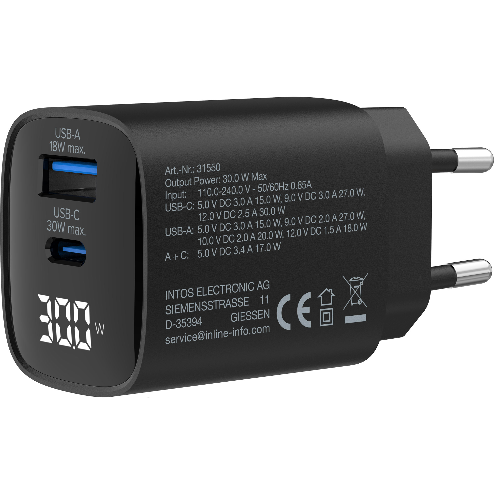 InLine® USB PD Netzteil, GaN Ladegerät, 2-Port, USB-C + USB-A, 30W