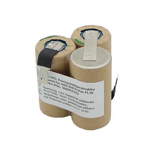 Reinigungsgeräteakku NiMH 3,6V 3000mAh mit Faston-Anschluß +6,3mm / -4,8mm passend für AEG Electrolux FL36 AG303 PNC: 900055102