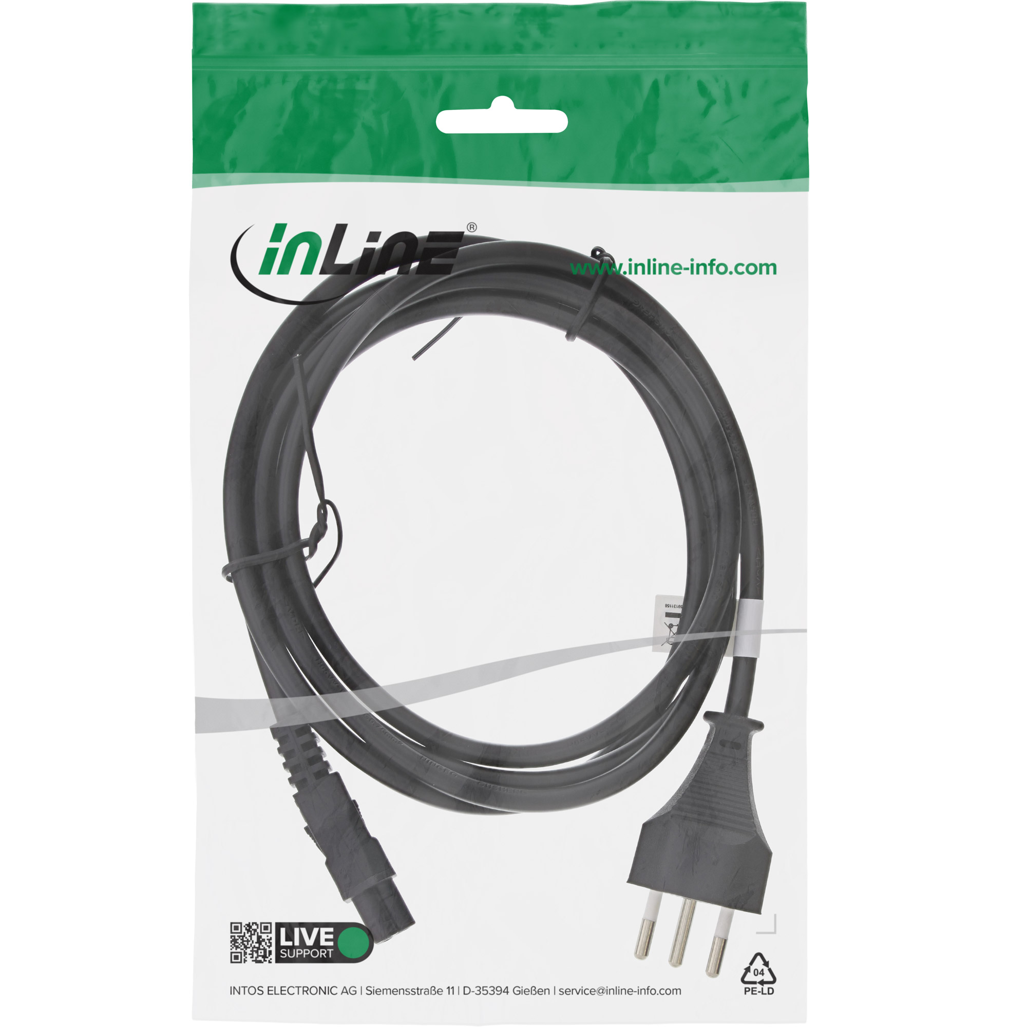 Inline® Netzkabel für Notebook, Schweiz, 3pol Kupplung, 2m