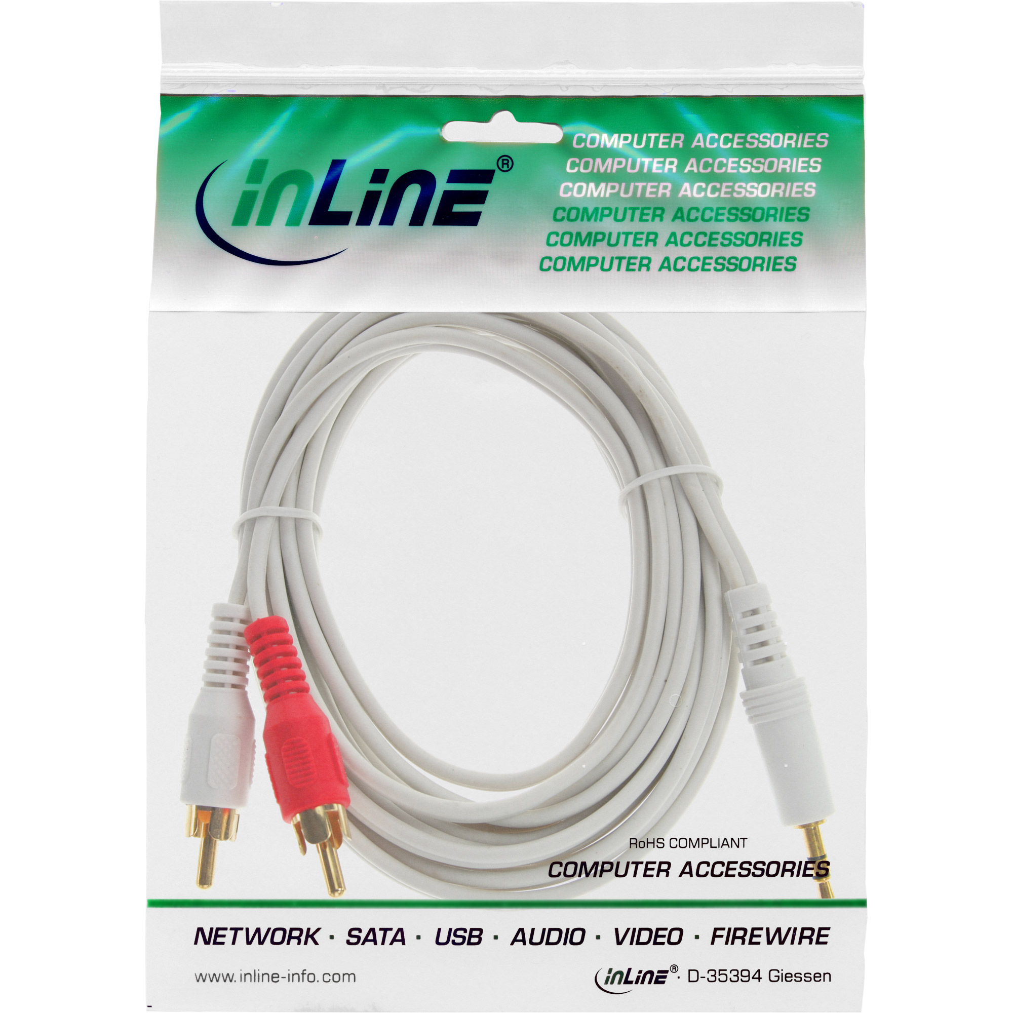 Inline® Cinch/Klinke Kabel, 2x Cinch Stecker an 3,5mm Klinke Stecker, 3m- Weiß