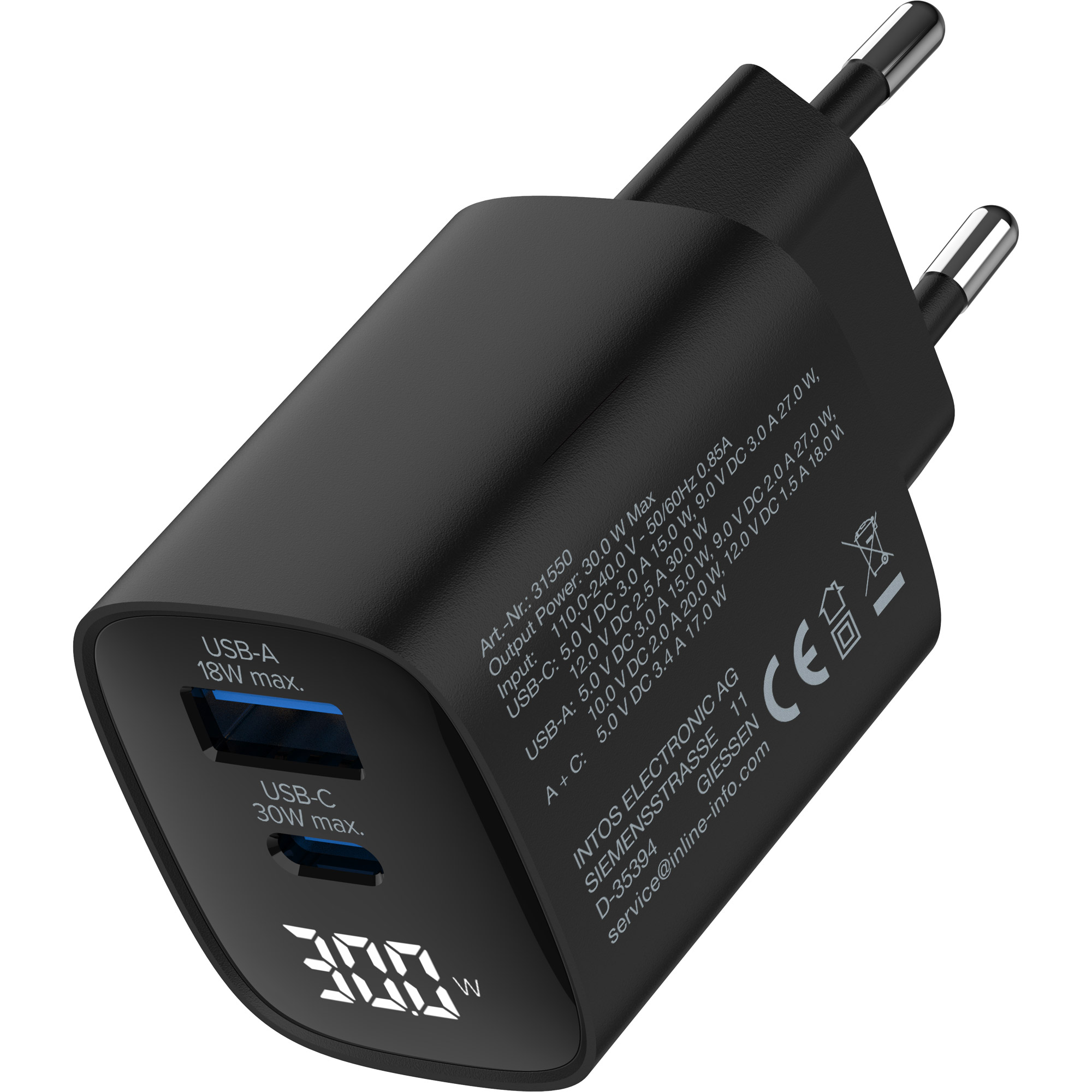 InLine® USB PD Netzteil, GaN Ladegerät, 2-Port, USB-C + USB-A, 30W
