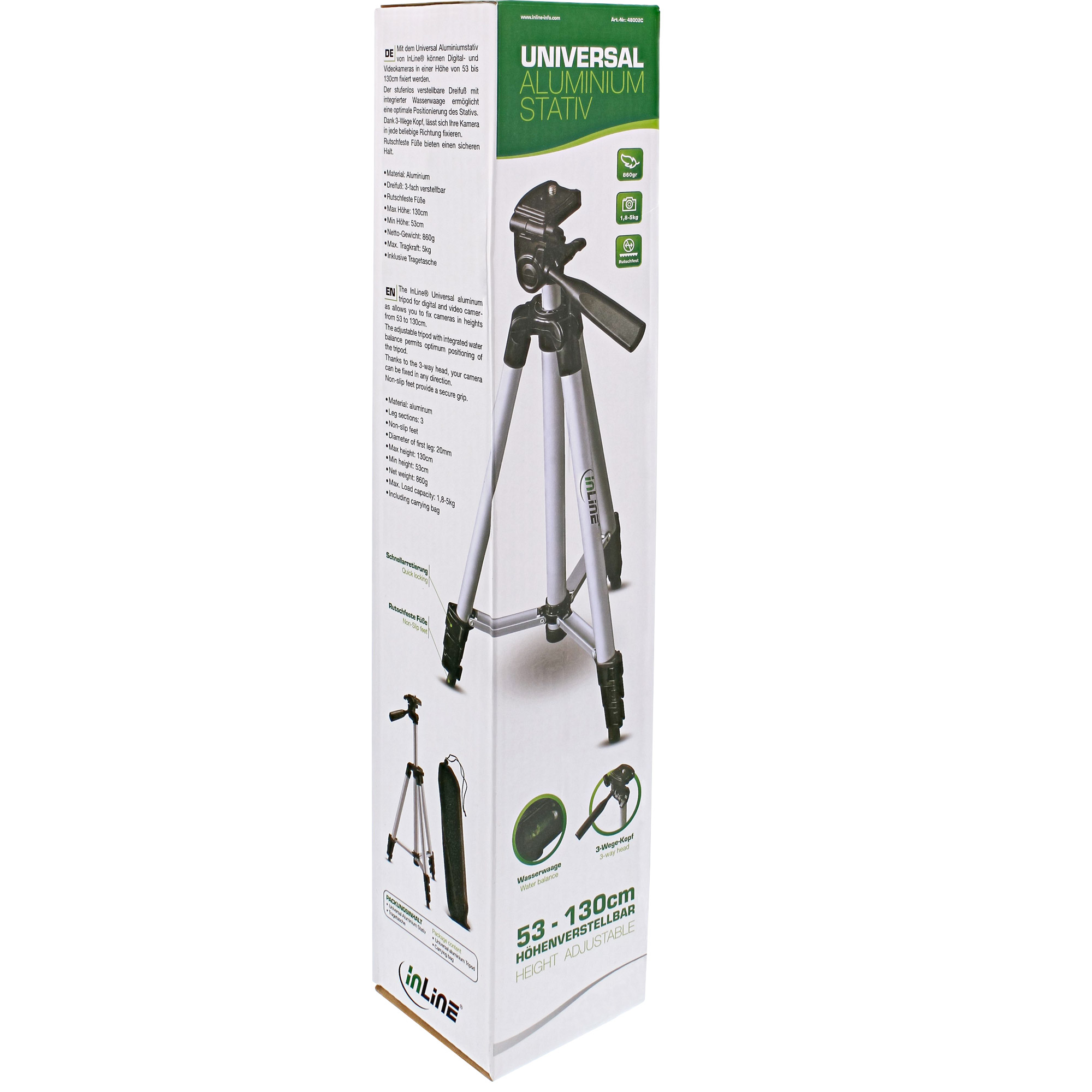 Inline® Stativ für Digitalkameras und Videokameras, Aluminium, Höhe max. 1,30m
