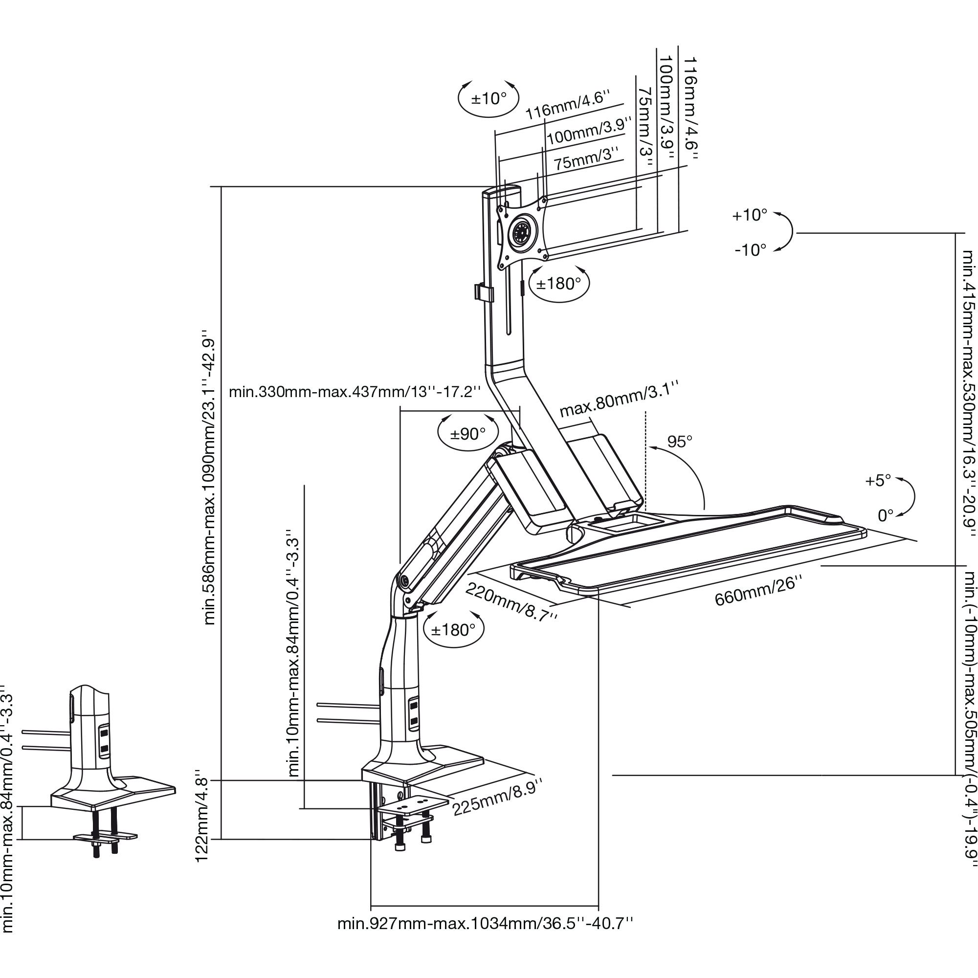 Inline® Workstation-Tischhalterung mit Lifter, beweglich, bis 81cm (32") / 9kg