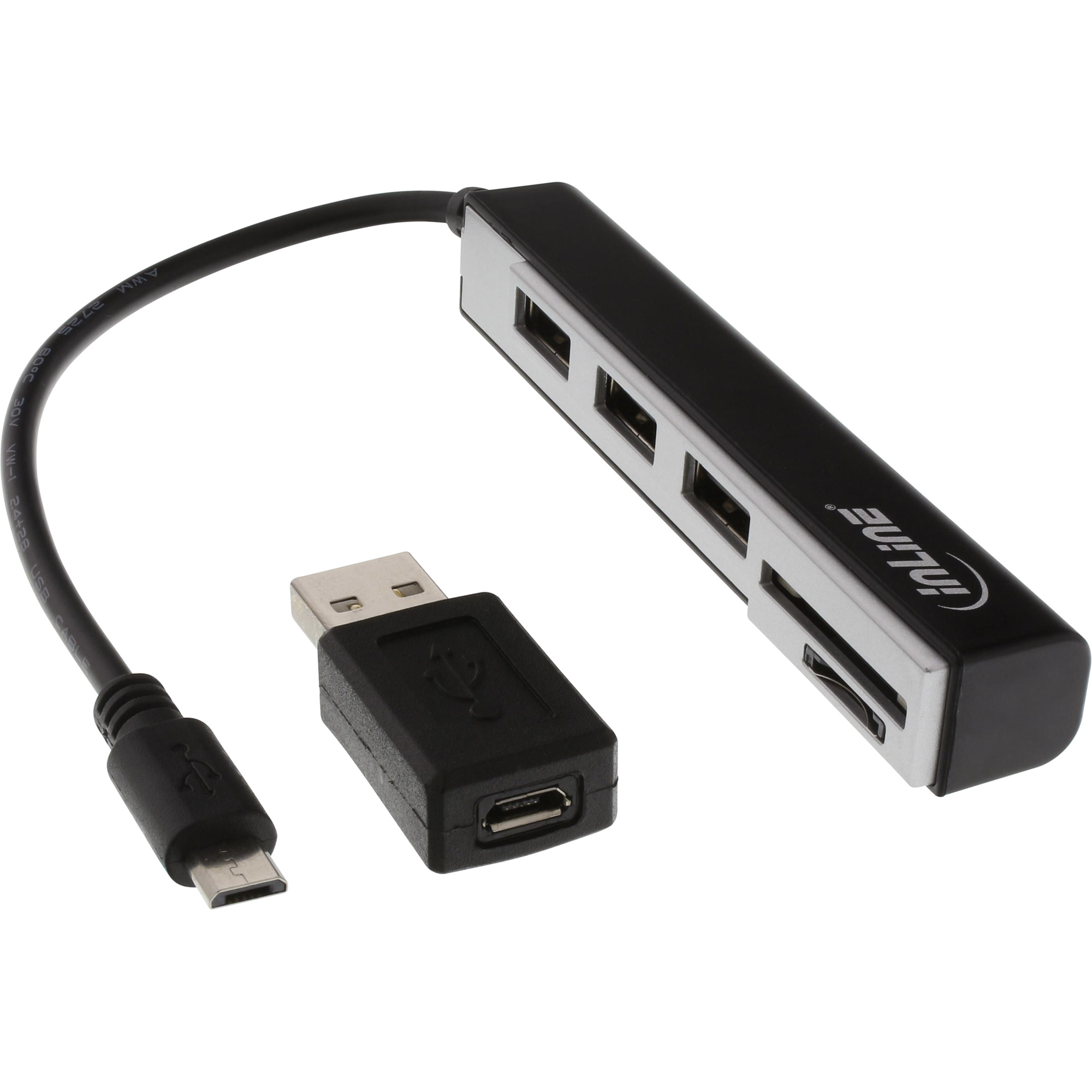 Inline® USB OTG Cardreader & 3-fach USB 2.0 Hub, für SDXC/microSD, mit Adapter