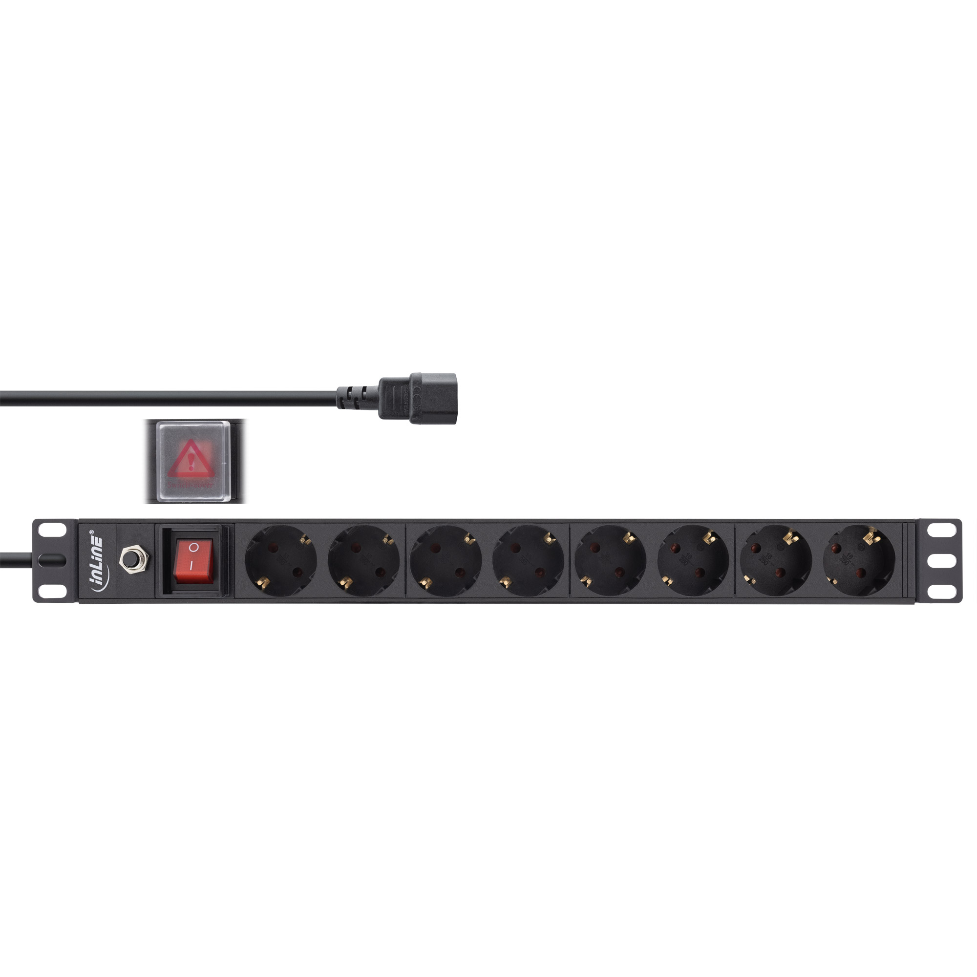Inline® 19" Steckdosenleiste, 8-fach Schutzkontakt, C14 Stecker, Überlastschutz