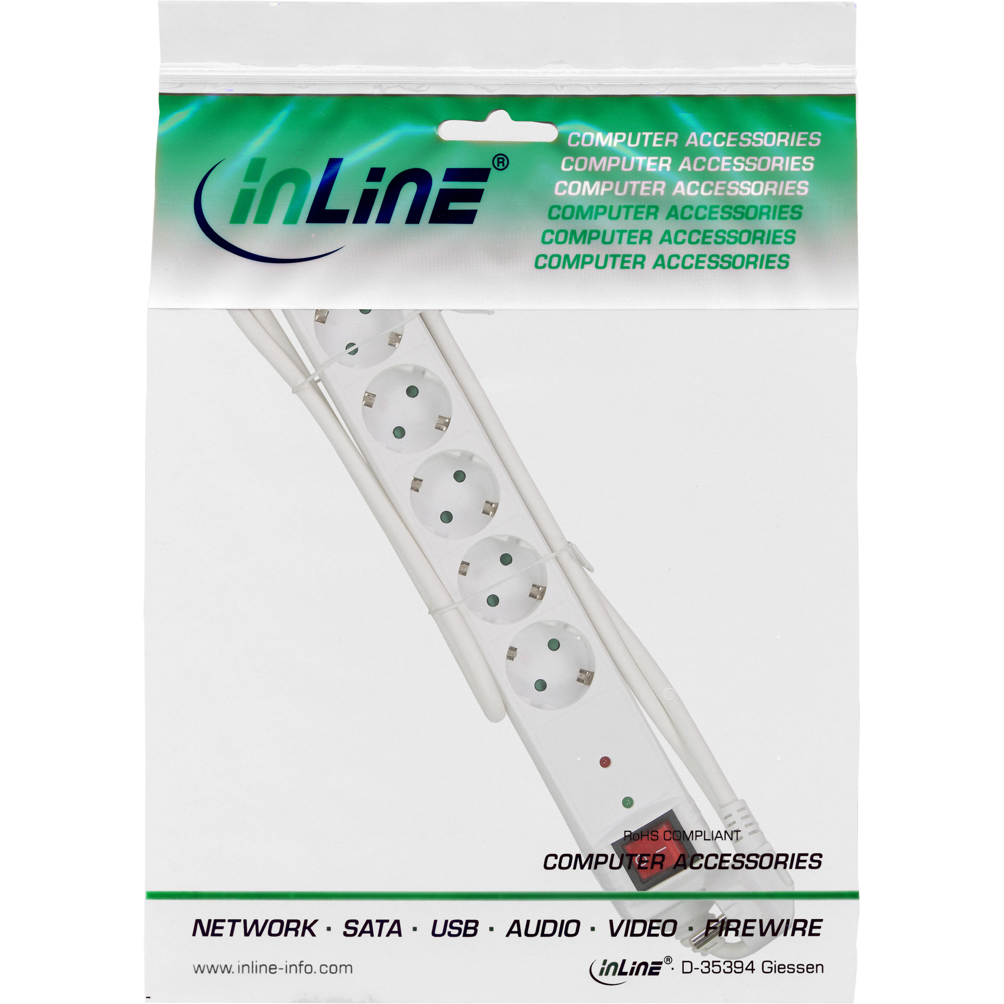 Inline® Steckdosenleiste, 6-fach Schutzkontakt, mit ÜSS, weiß