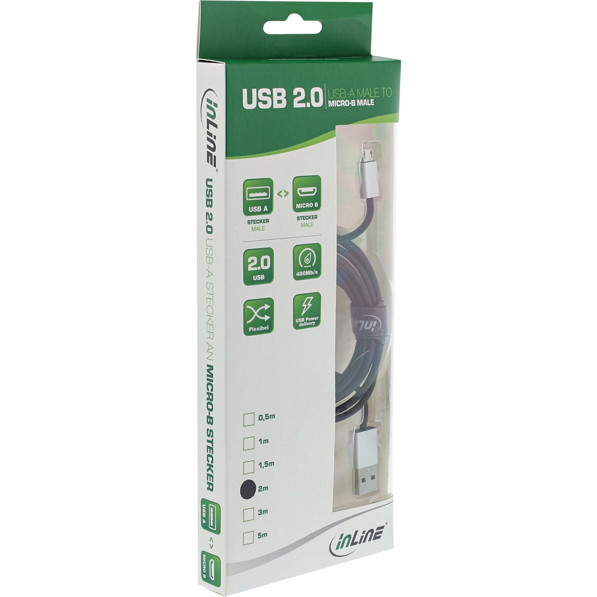 Inline® Micro-USB 2.0 Kabel, USB-A ST an Micro-B ST, schwarz/Alu, flexibel, 3m