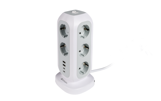 Steckdosen-Tower EUPT-01 Verbatim, 2m Kabel, weiß,11x230V EU, USB-A, 2x USB-C