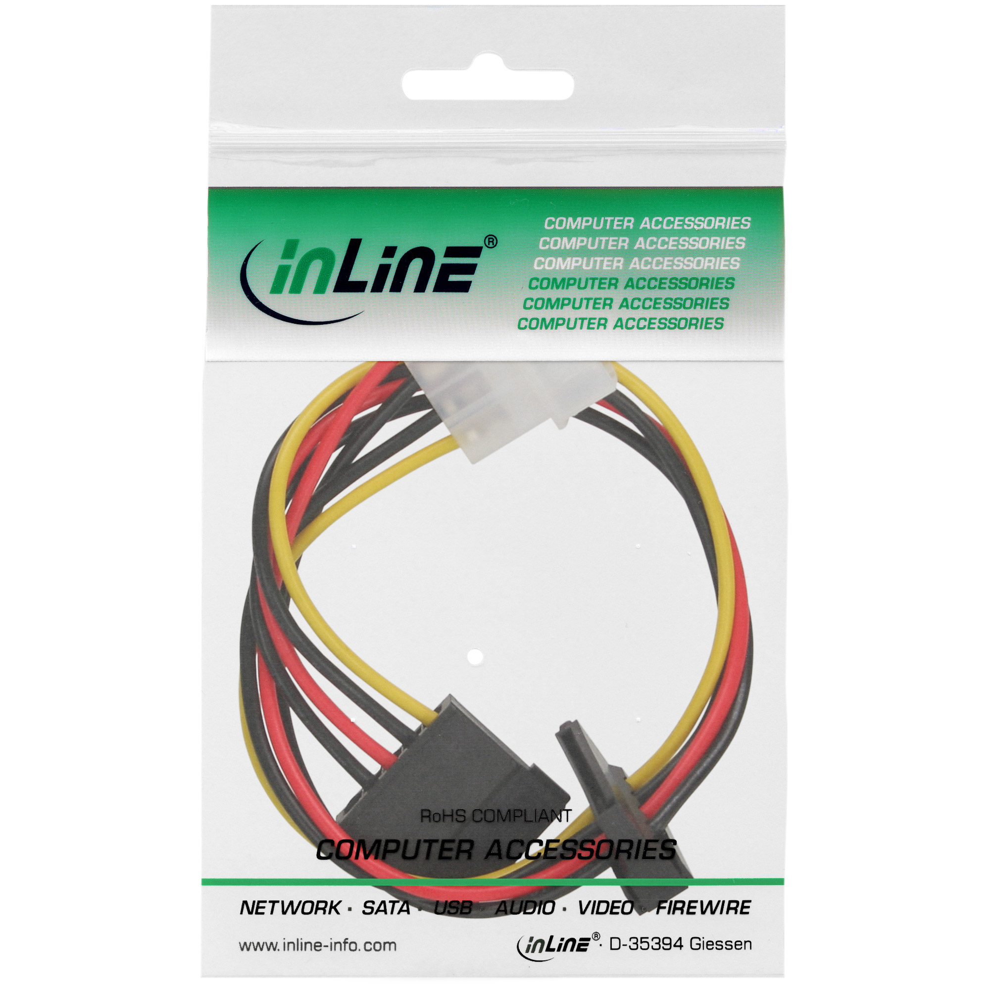 Inline® Strom Kabel intern, 1x 13,34cm (5,25") an 2x 15pol SATA, 0,30m