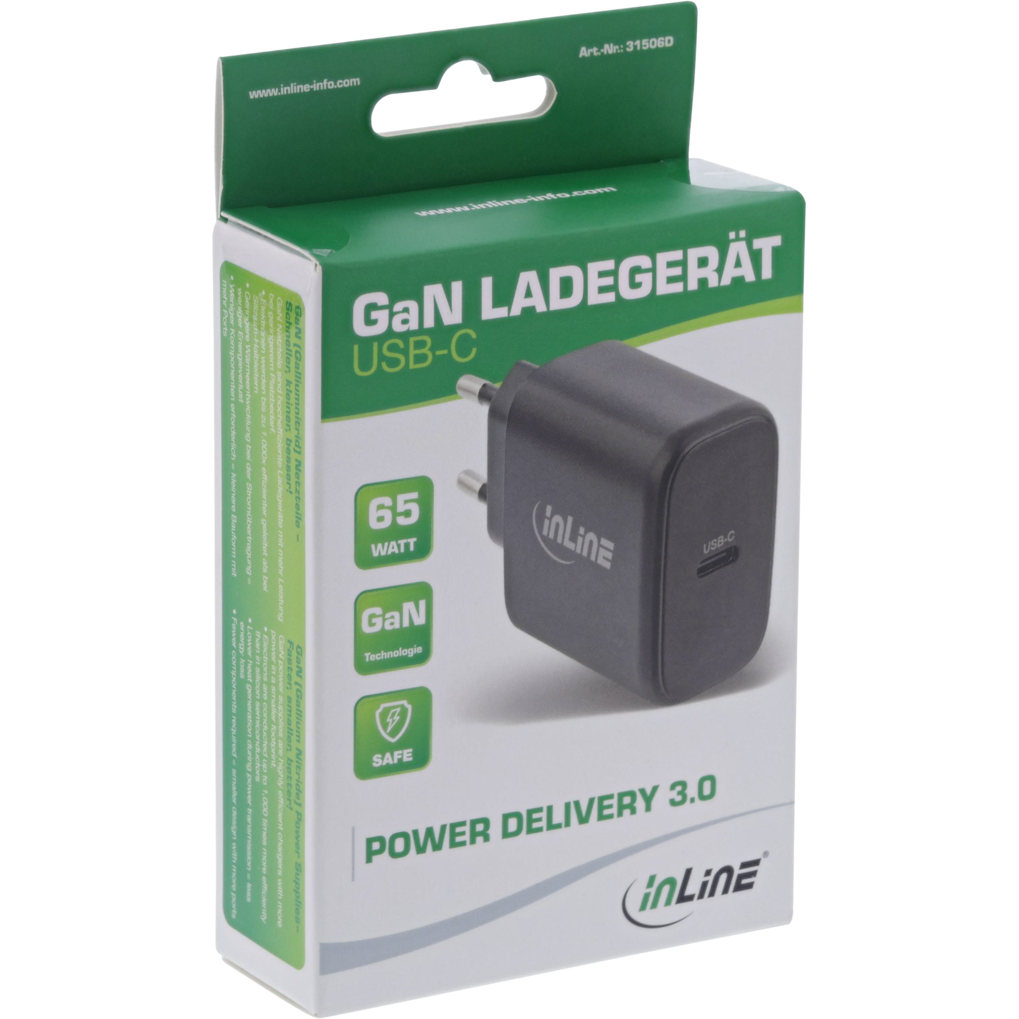 Inline® USB PD Netzteil, GaN Ladegerät, Single USB-C, Power Delivery, 65W Inline® USB PD Netzteil, GaN Ladegerät, Single USB-C, Power Delivery, 65W