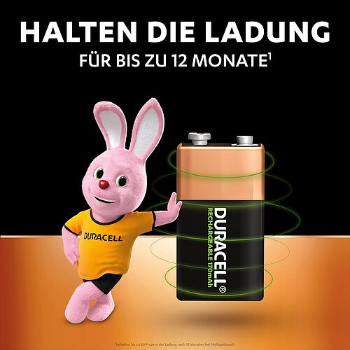 1x Duracell NiMH 9V Block 170mAh HR6F22 Power Recharge Akku