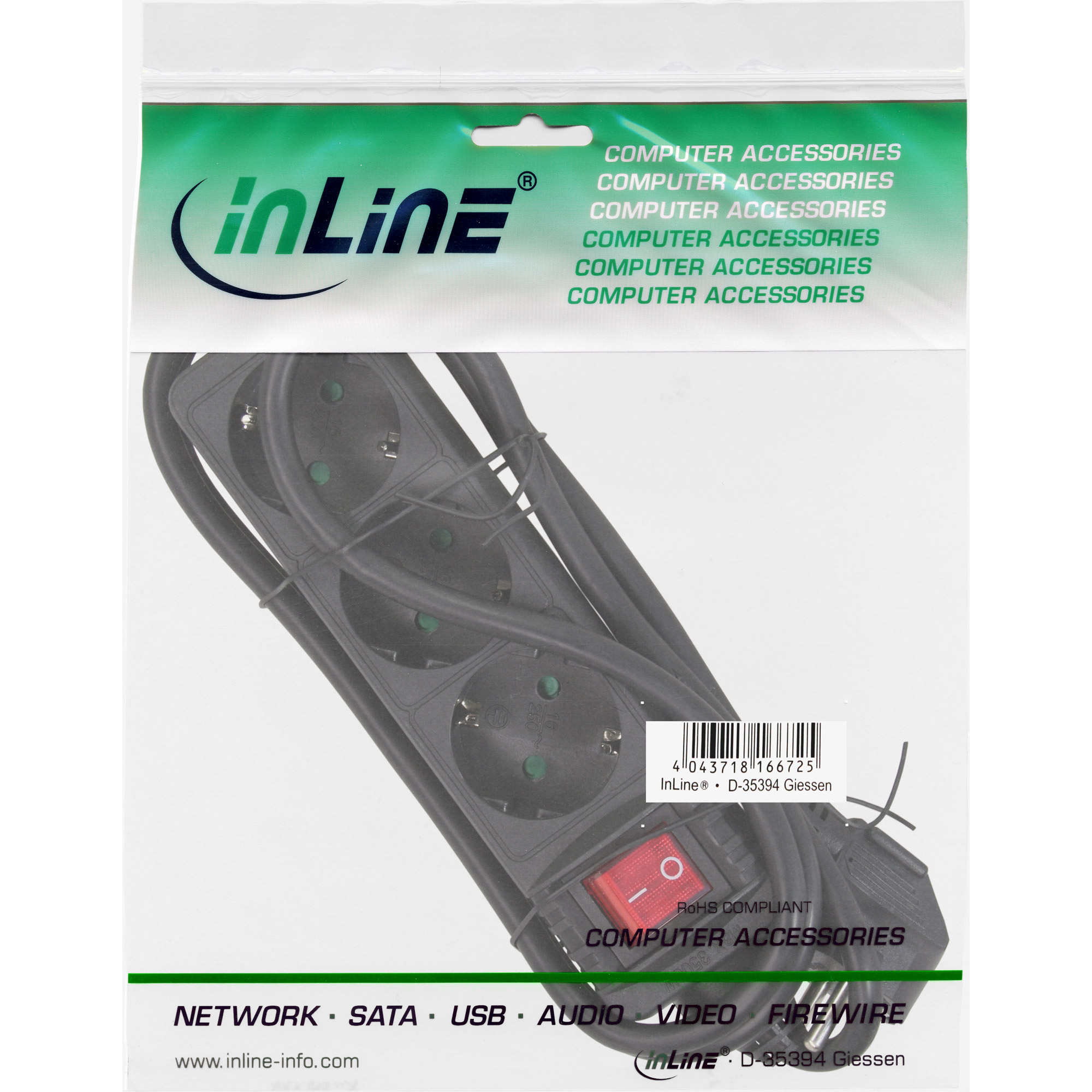 Inline® Steckdosenleiste, 3-fach Schutzkontakt, mit Schalter, schwarz, 3m