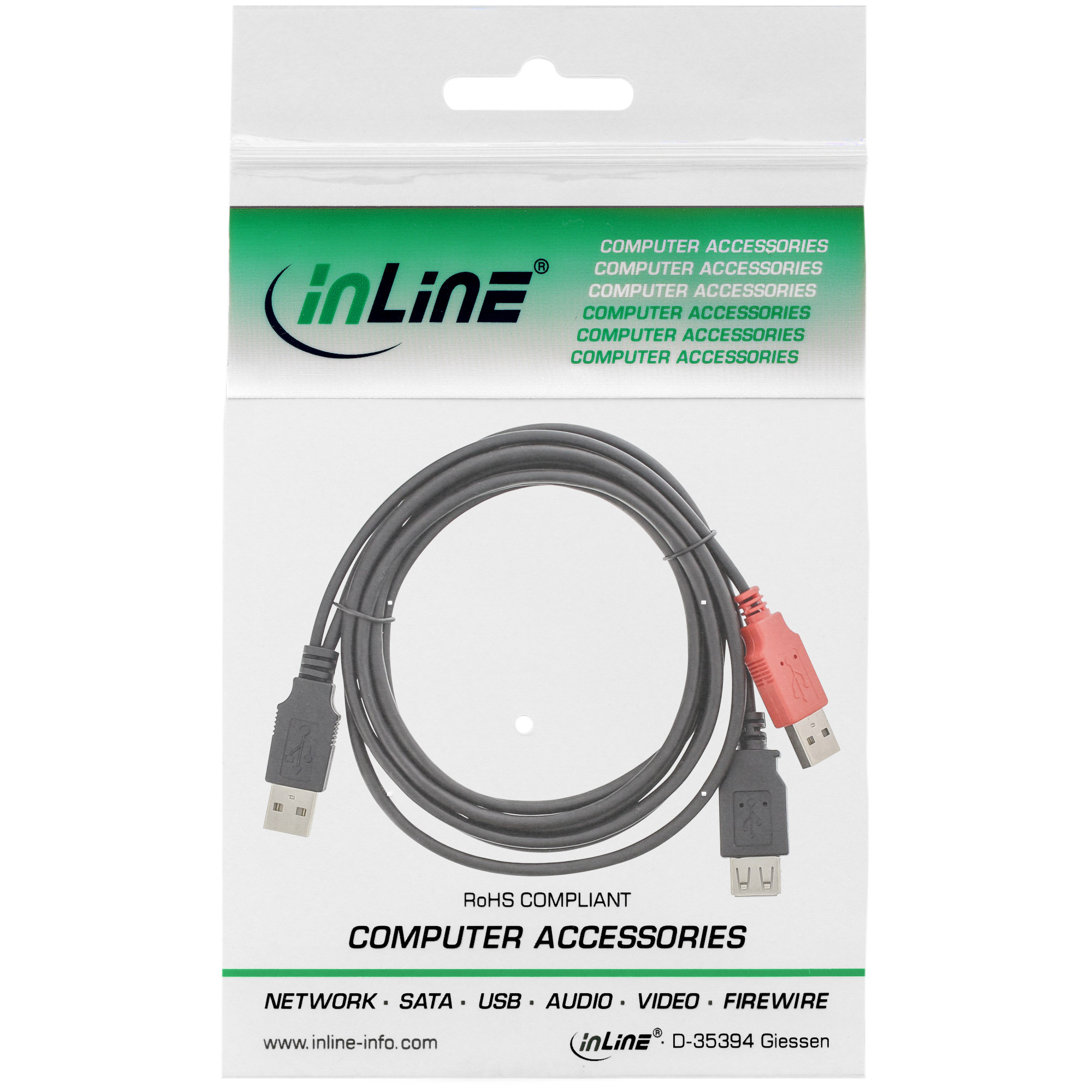 Inline® USB 2.0 Y-Anschlusskabel, 2x Stecker A an Buchse A, 0,2m
