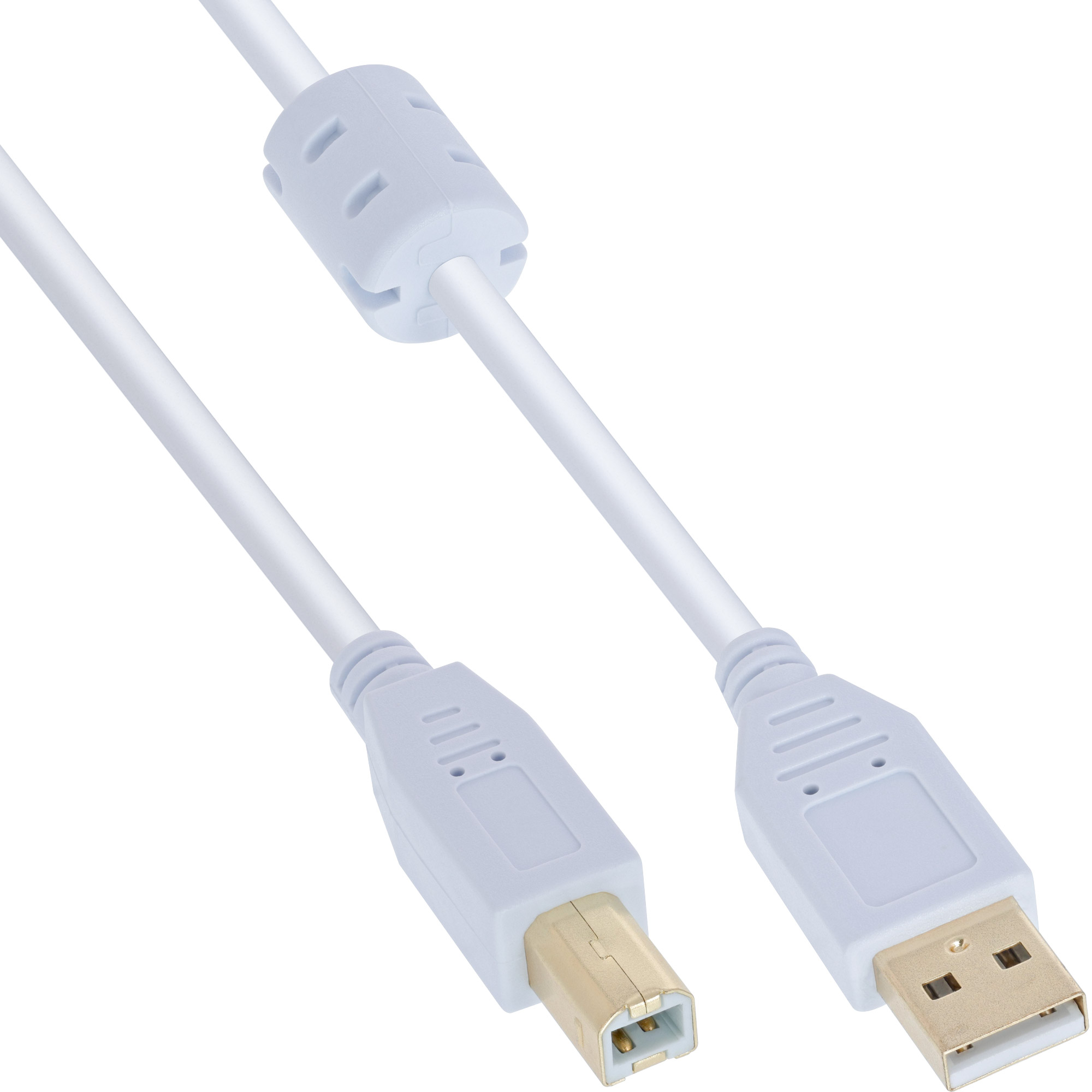 Inline® USB 2.0 Kabel, A an B, weiß / gold, mit Ferritkern, 3m