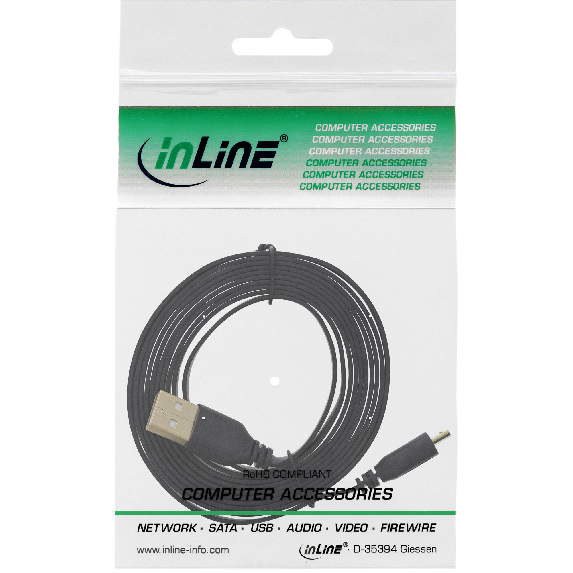 Inline® Micro-USB 2.0 Flachkabel, USB-A Stecker an Micro-B Stecker, 2m