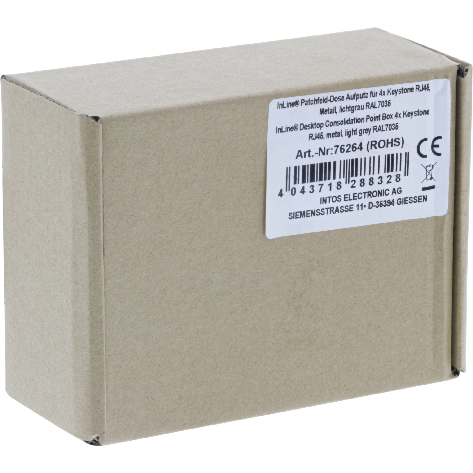 Inline® Patchfeld-Dose Aufputz für 4x Keystone RJ45, Metall, lichtgrau RAL7035