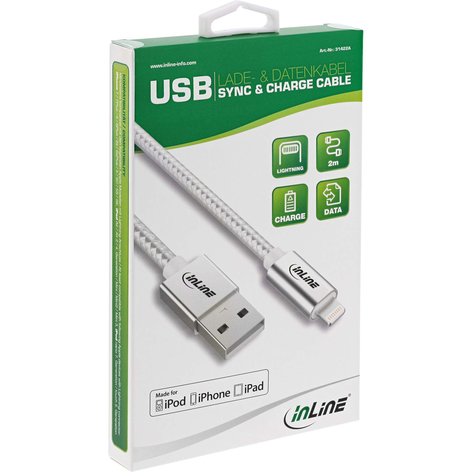 Inline® Lightning USB Kabel, für iPad, iPhone, iPod, silber/Alu, 1m MFi-zert.
