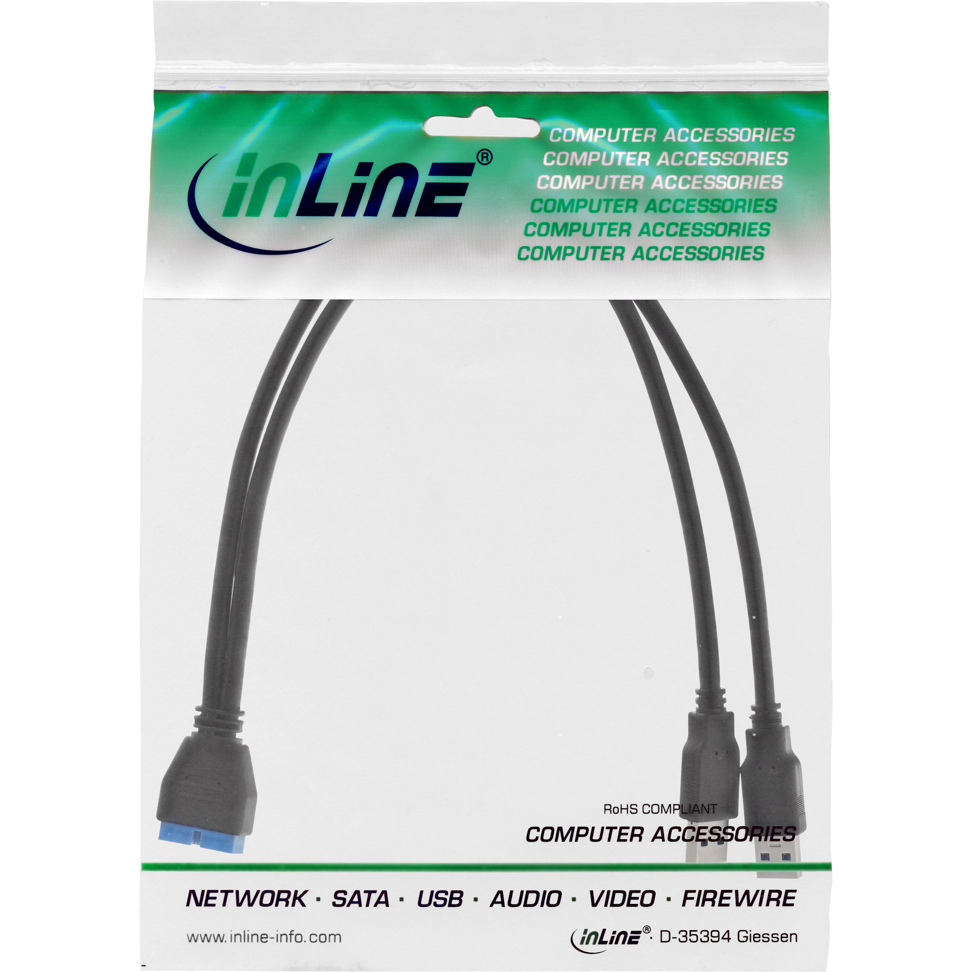 Inline® USB 3.0 Adapterkabel, 2x Stecker A auf Pfostenanschluss 19polig., 0,40m