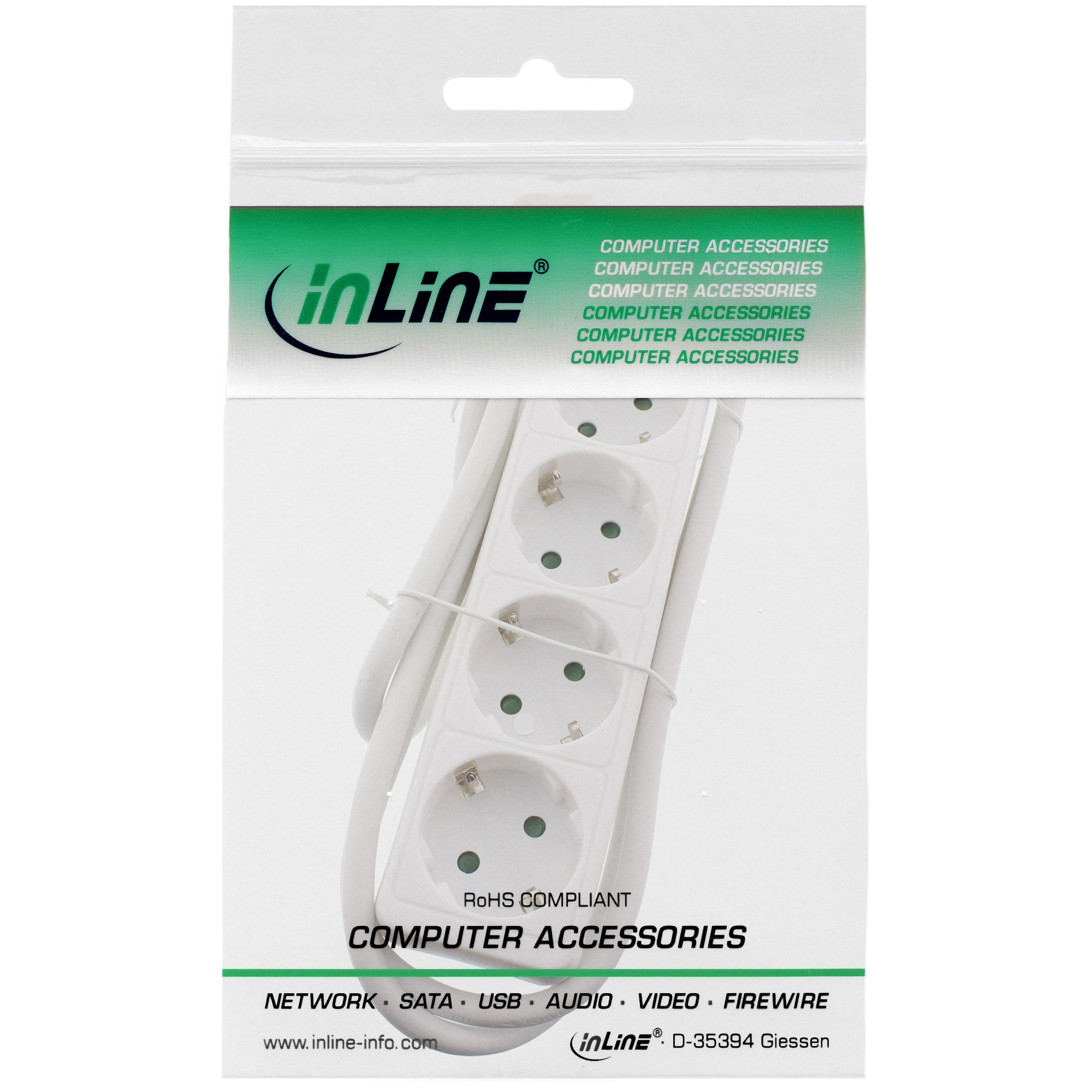 Inline® Steckdosenleiste, 4-fach Schutzkontakt weiß, 3m