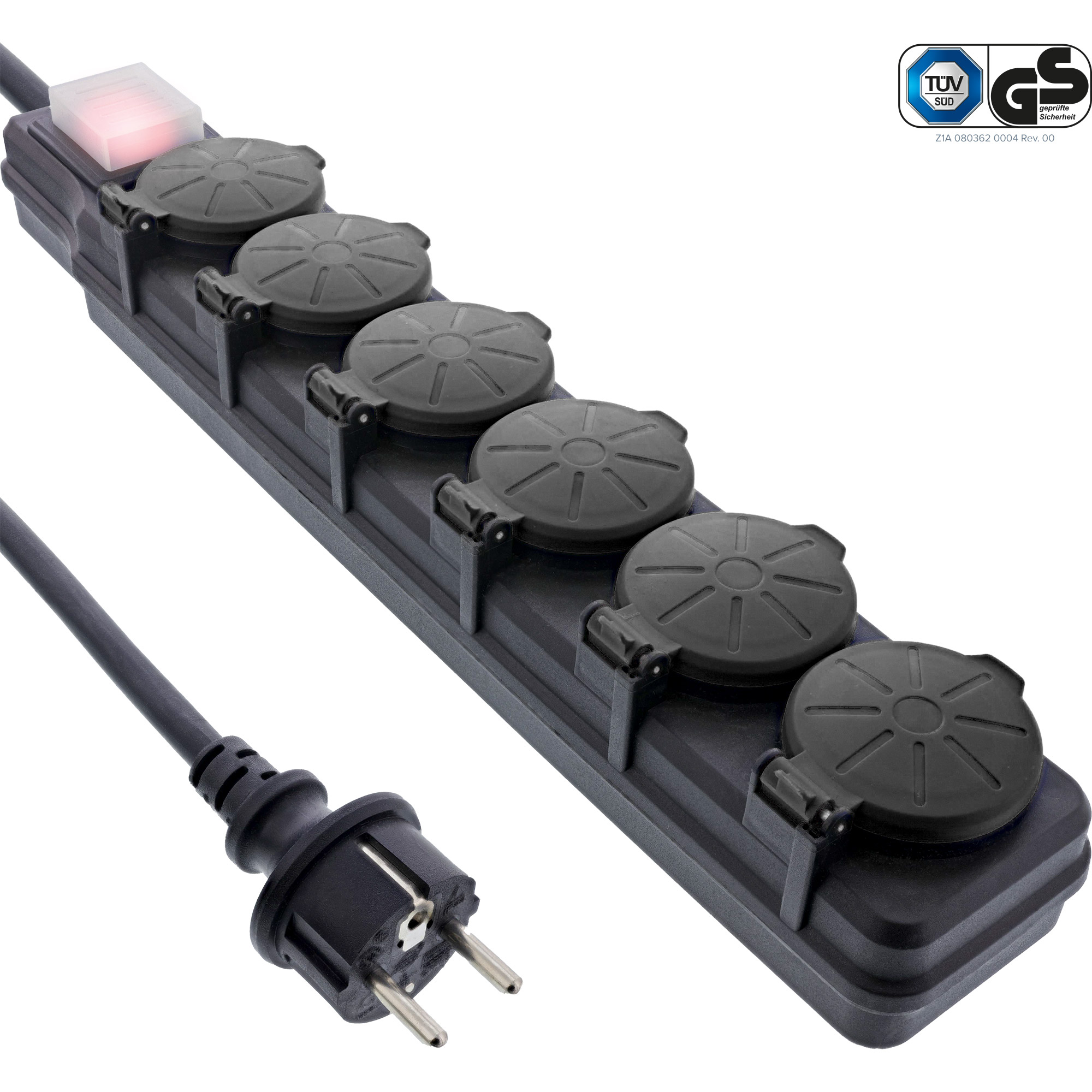InLine® Outdoor-Steckdosenleiste, 6-fach Schutzkontakt, IP44, mit Schalter, 5m