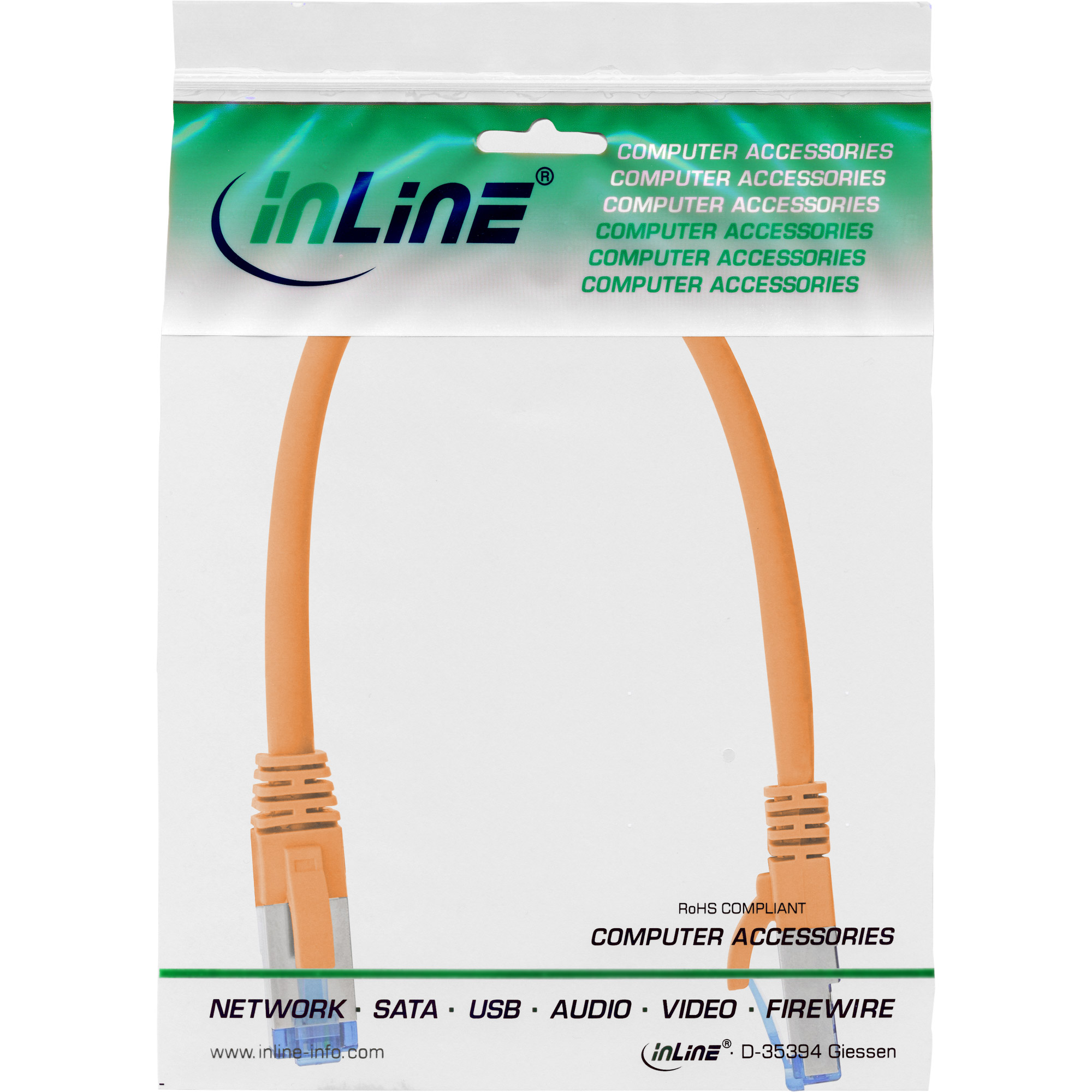 Inline® Patchkabel, S/FTP (PiMf), Cat.6A, halogenfrei, orange, 0,3m