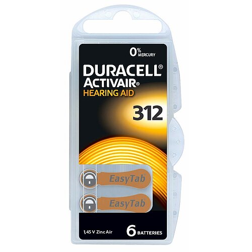 6x Typ 312 PR41 Duracell Hörgerätebatterien 1,45 V - Braun