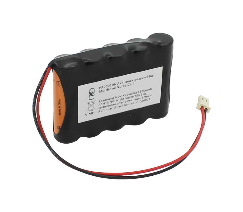 Akkupack NiMH 6,0V 1500mAh F1x5 HHR-150AA mit Kabel und Stecker passend für Multitone Nurse Call Akkupack NiMH 6,0V 1500mAh F1x5 HHR-150AA mit Kabel und Stecker passend für Multitone Nurse Call