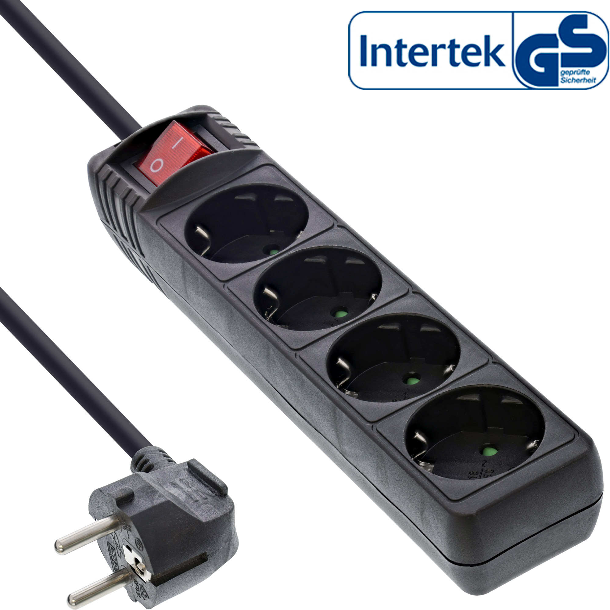 Inline® Steckdosenleiste, 4-fach Schutzkontakt, mit Schalter, schwarz, 1,5m
