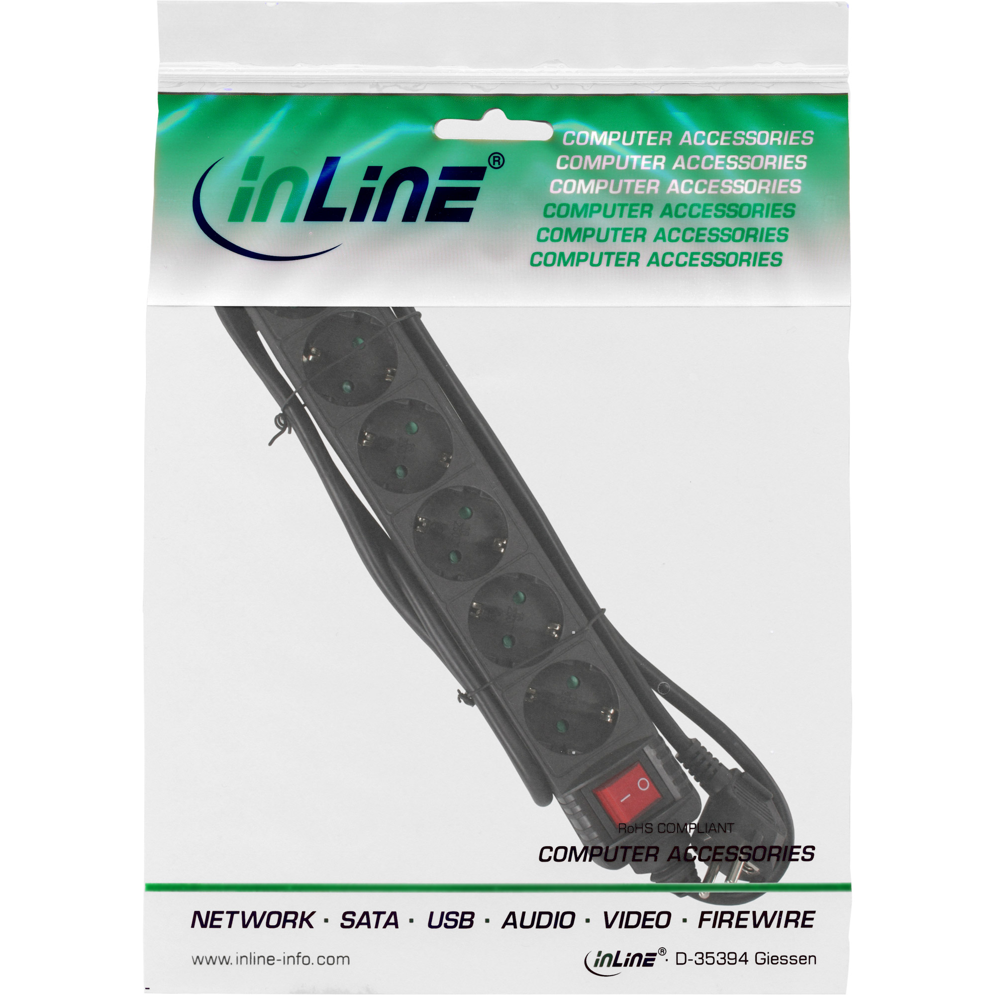 Inline® Steckdosenleiste, 6-fach Schutzkontakt, mit Schalter, schwarz, 1,5m